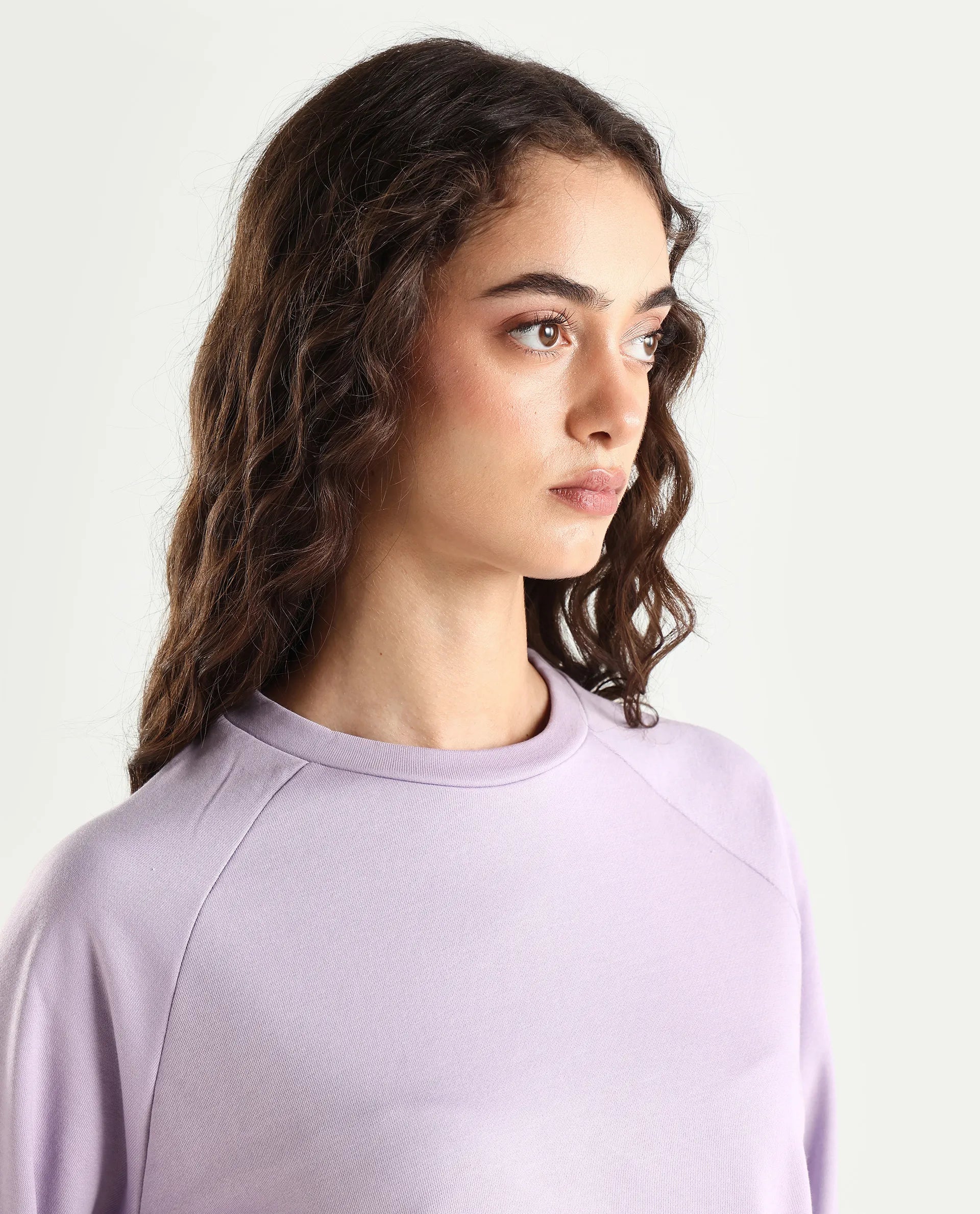 Rareism Women's Medium Weight Terry 290 Gsm Cotton Blend Crew Neck Plain Cuffed Sleeve Relaxed Fit Sweatshirt