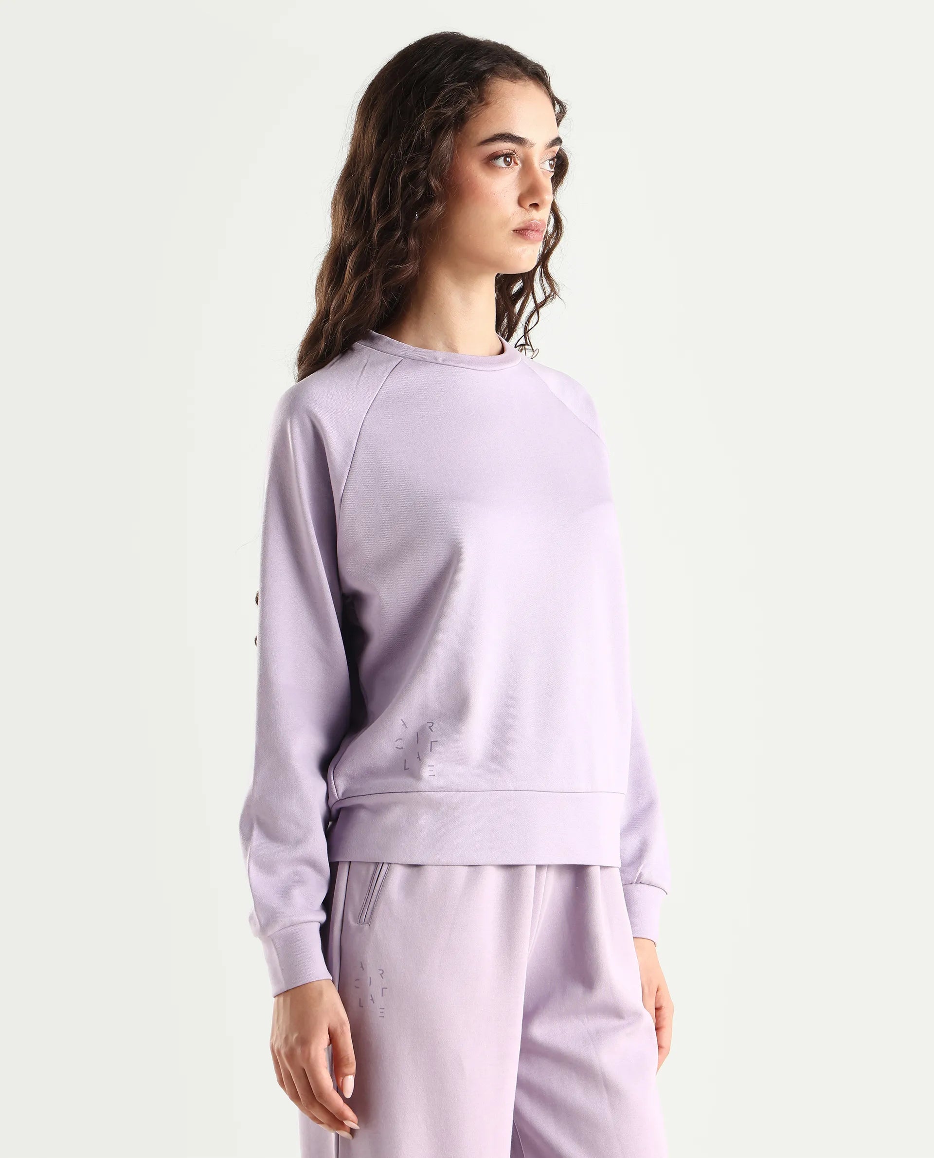 Rareism Women's Medium Weight Terry 290 Gsm Cotton Blend Crew Neck Plain Cuffed Sleeve Relaxed Fit Sweatshirt