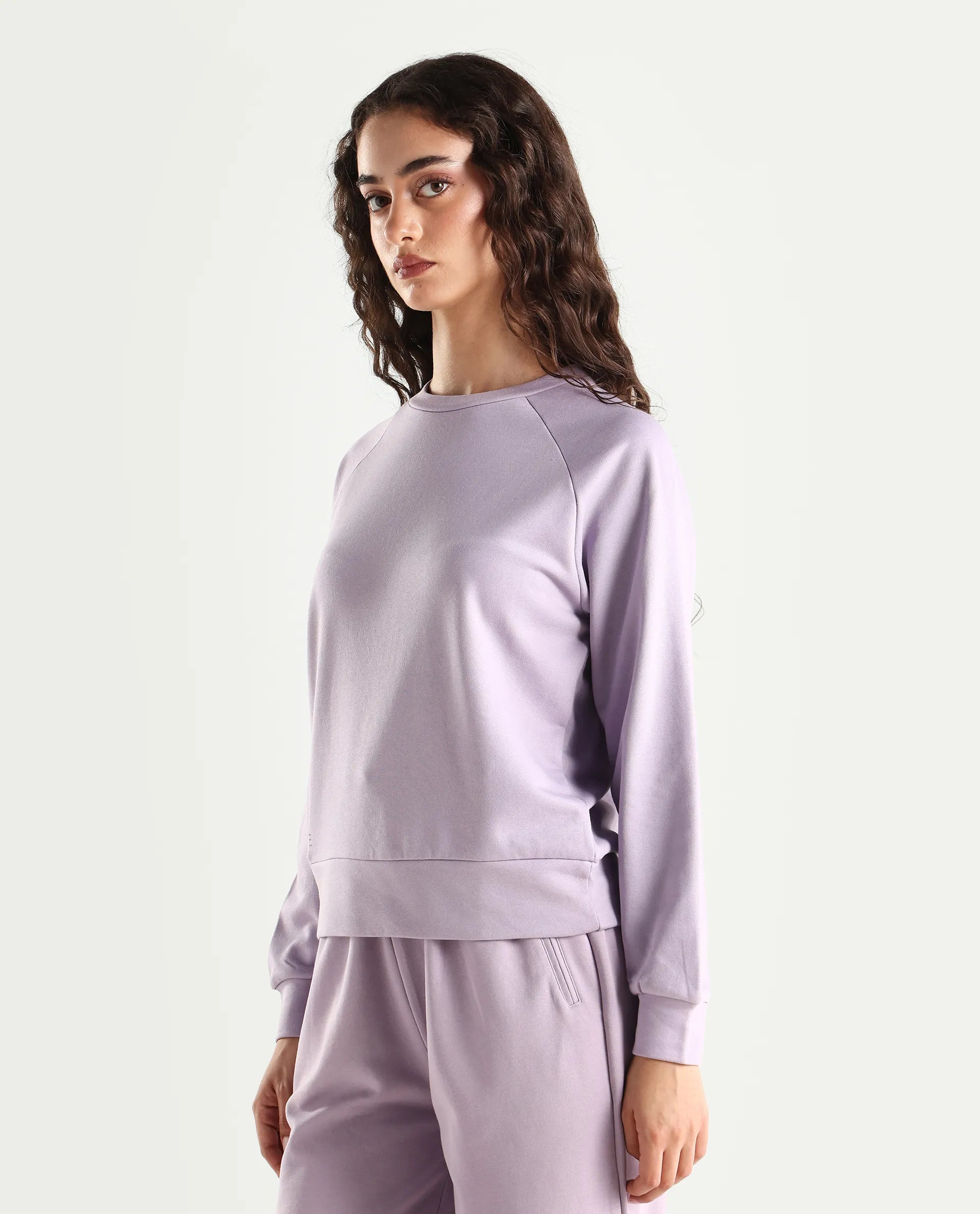 Rareism Women's Medium Weight Terry 290 Gsm Cotton Blend Crew Neck Plain Cuffed Sleeve Relaxed Fit Sweatshirt