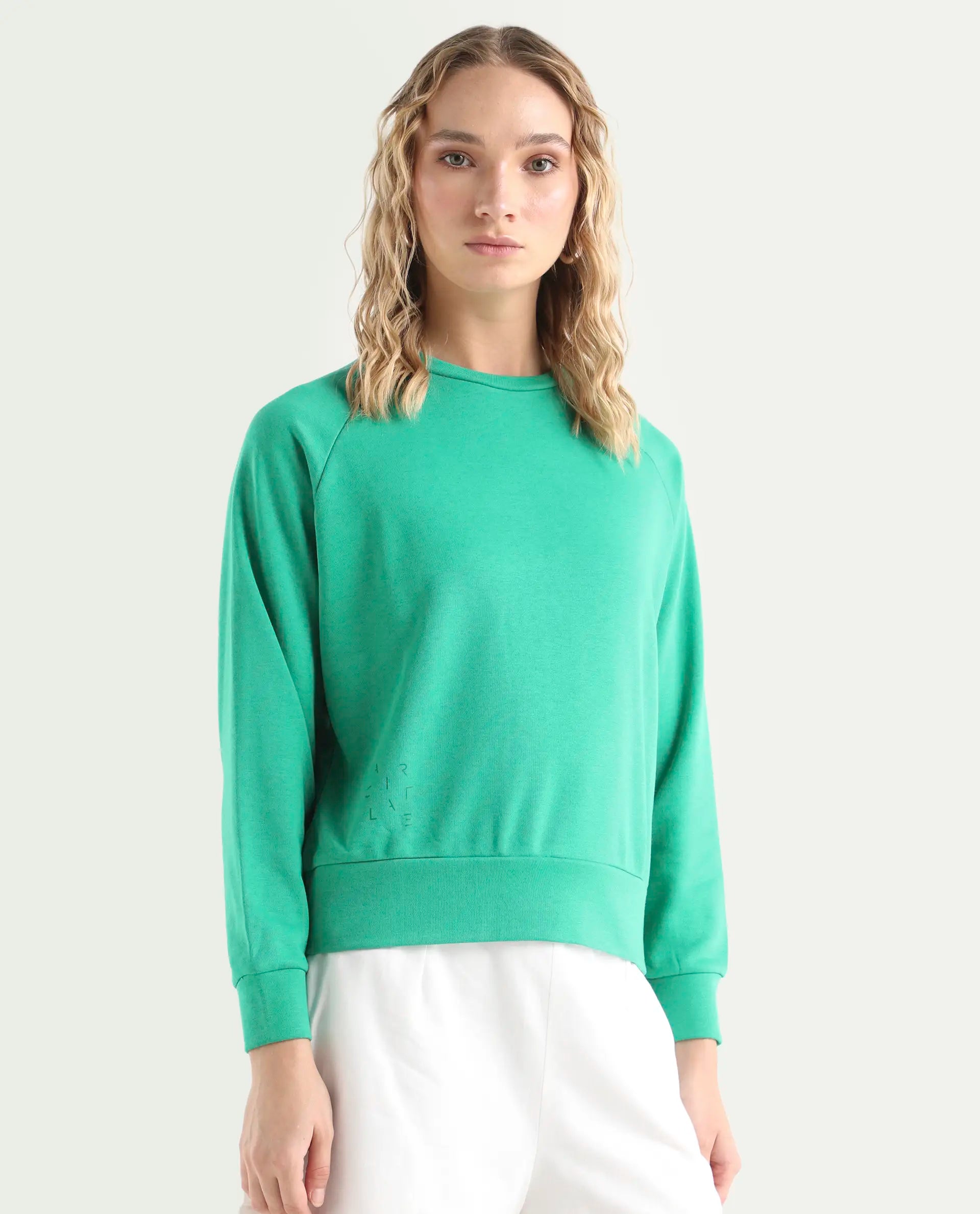 Rareism Women's Medium Weight Terry 290 Gsm Cotton Blend Crew Neck Plain Cuffed Sleeve Relaxed Fit Sweatshirt