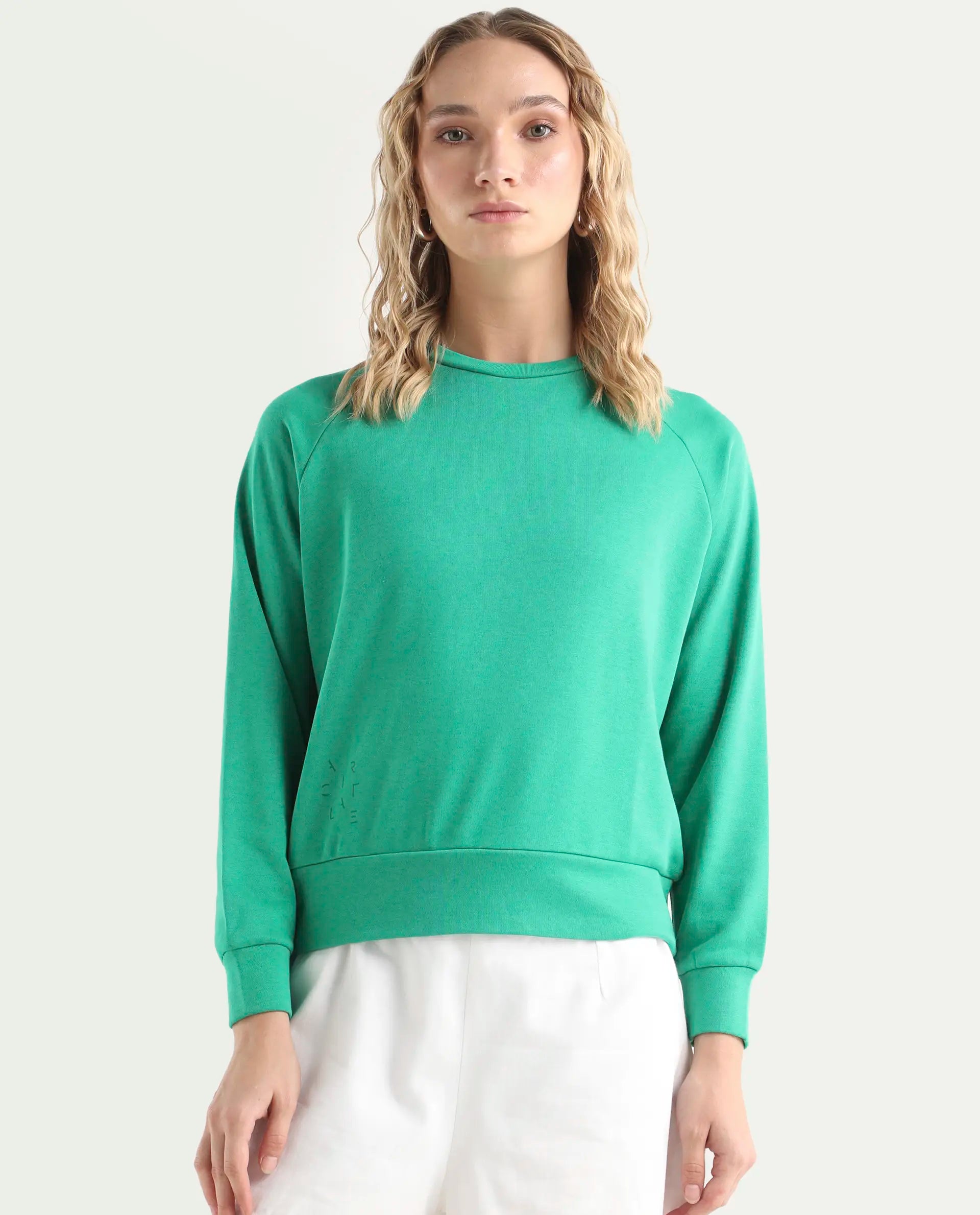 Rareism Women's Medium Weight Terry 290 Gsm Cotton Blend Crew Neck Plain Cuffed Sleeve Relaxed Fit Sweatshirt