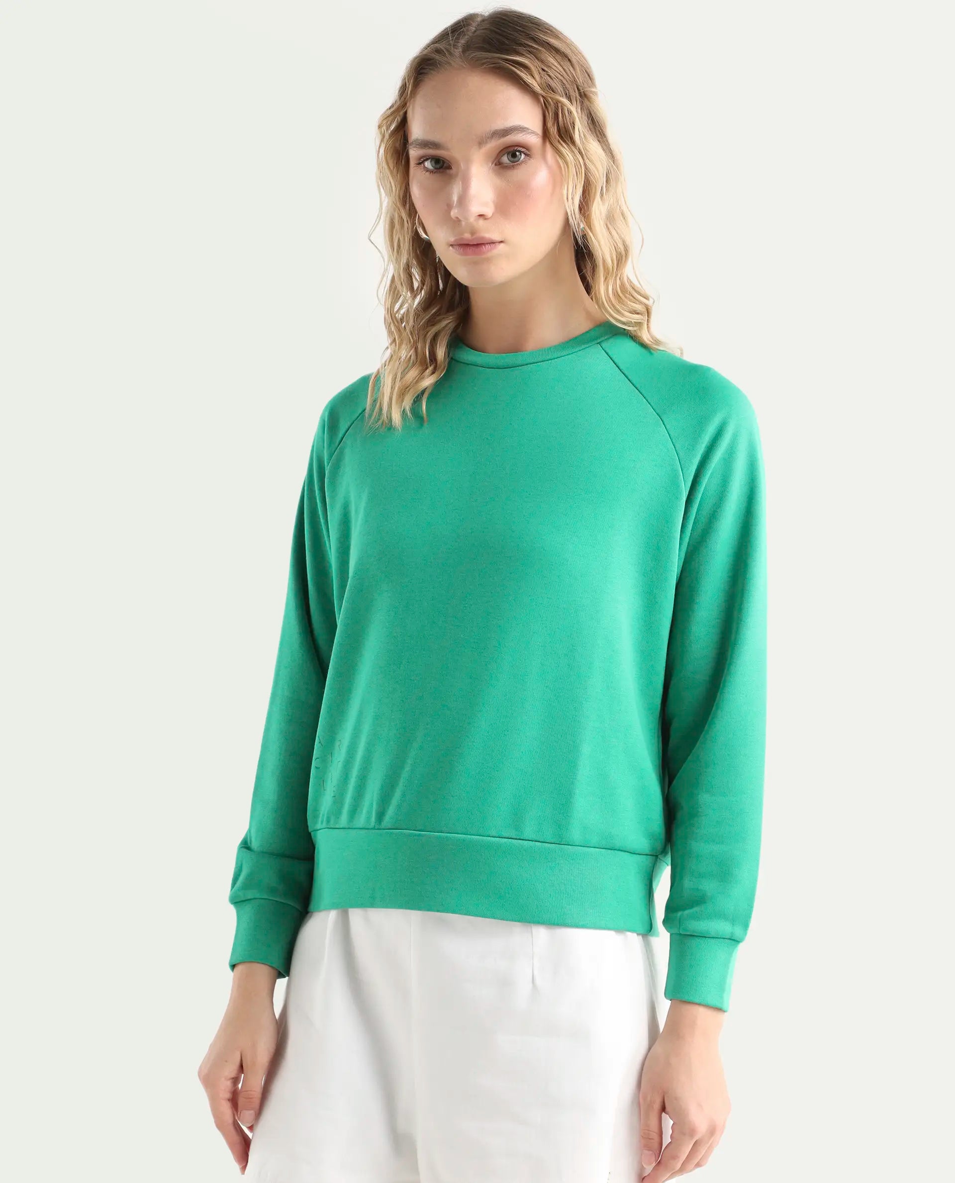 Rareism Women's Medium Weight Terry 290 Gsm Cotton Blend Crew Neck Plain Cuffed Sleeve Relaxed Fit Sweatshirt