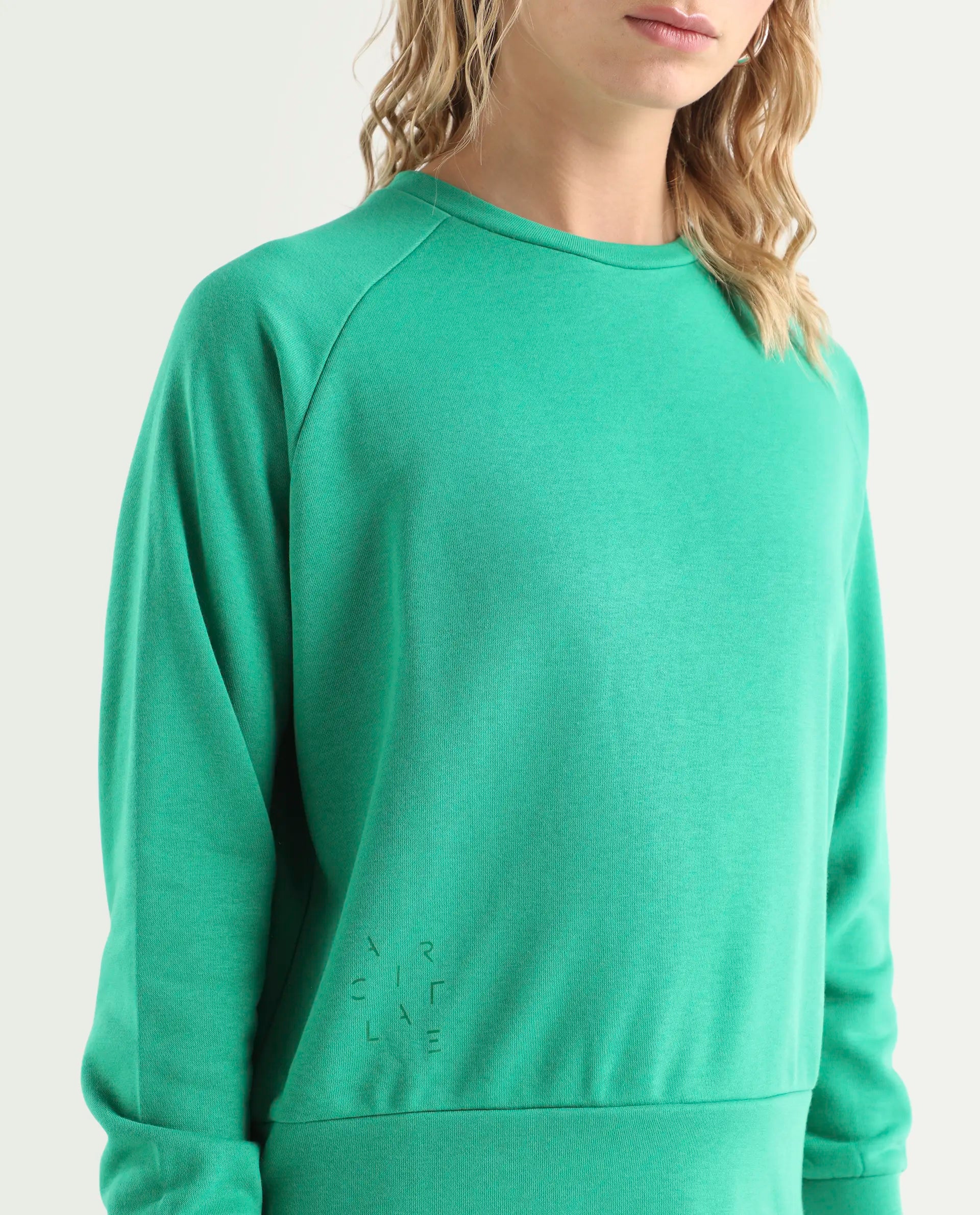 Rareism Women's Medium Weight Terry 290 Gsm Cotton Blend Crew Neck Plain Cuffed Sleeve Relaxed Fit Sweatshirt