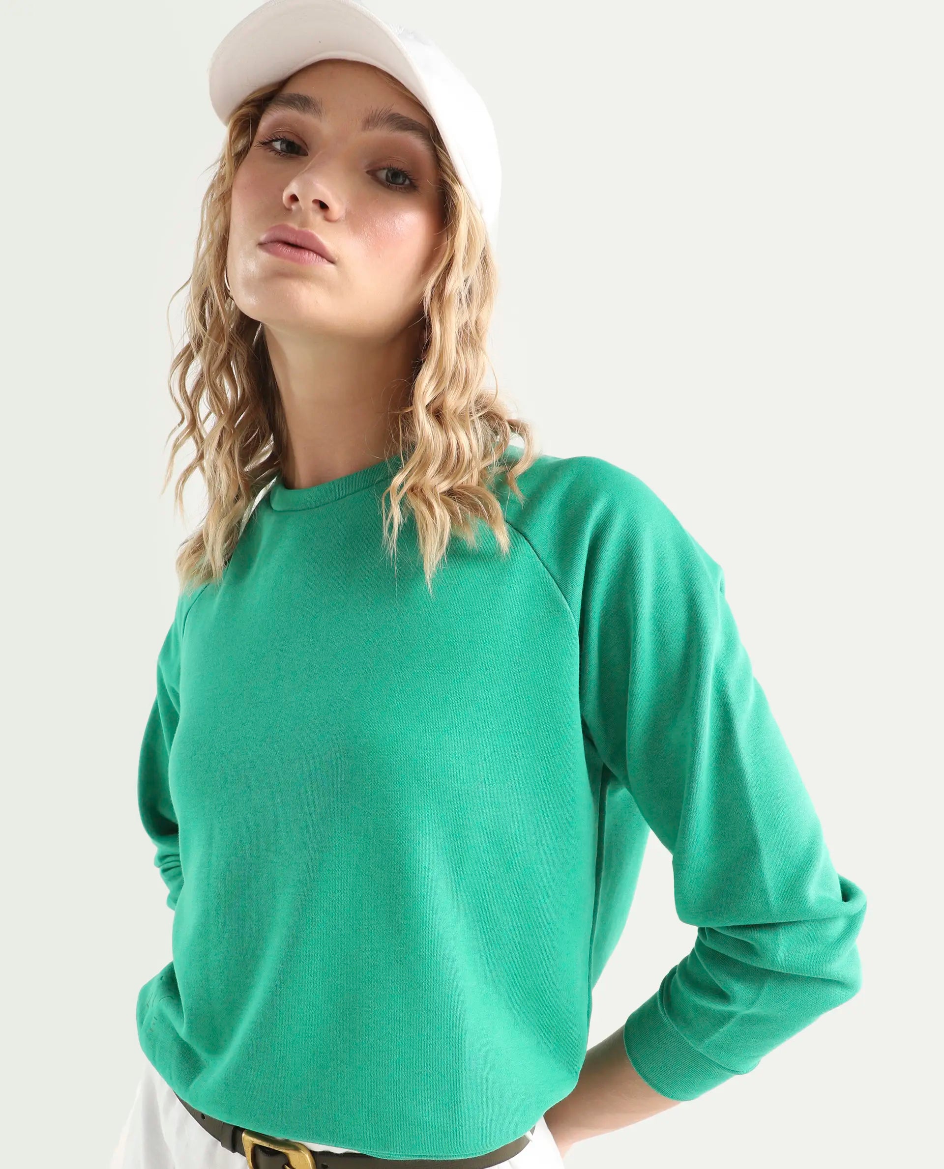 Rareism Women's Medium Weight Terry 290 Gsm Cotton Blend Crew Neck Plain Cuffed Sleeve Relaxed Fit Sweatshirt