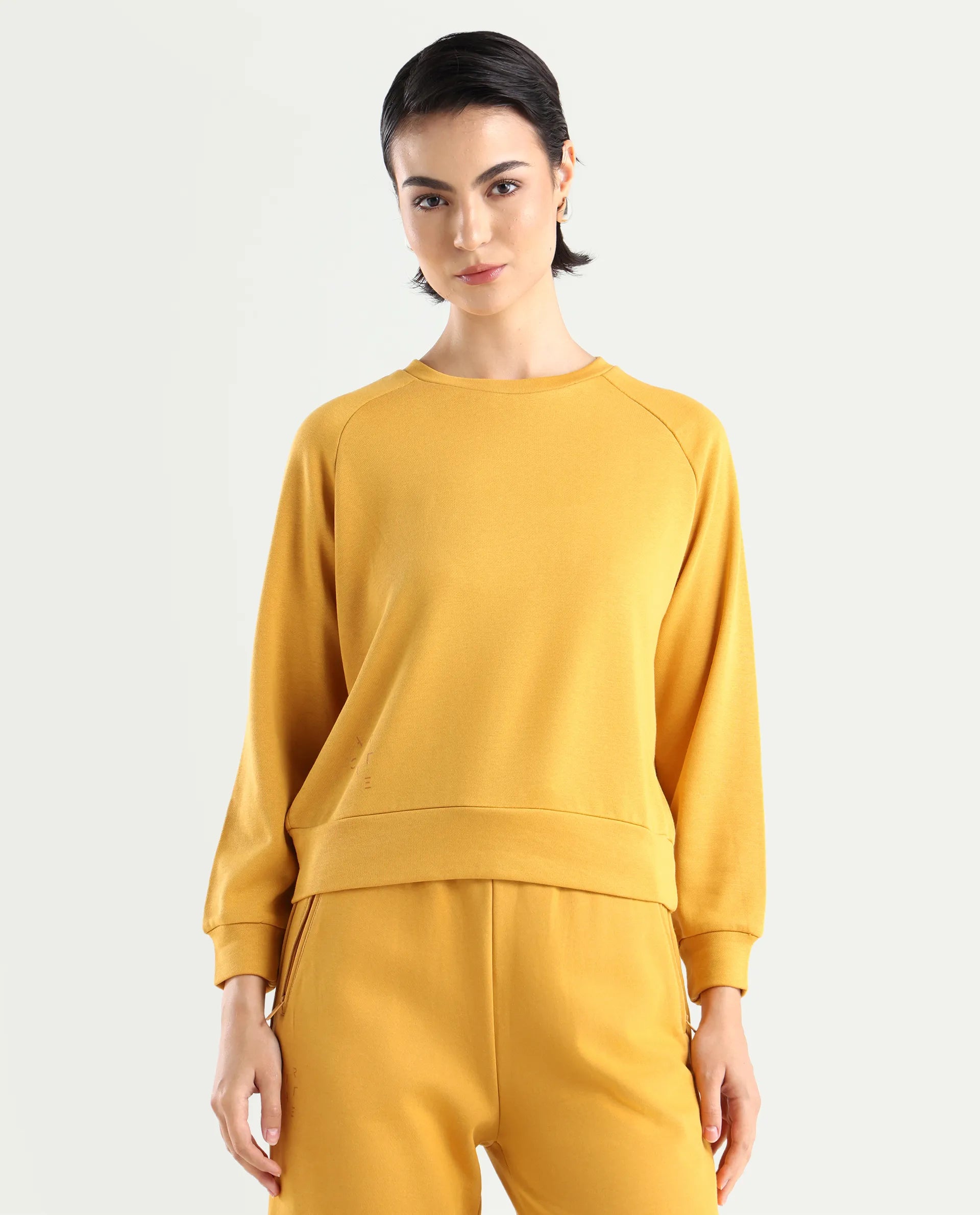 Rareism Women's Medium Weight Terry 290 Gsm Cotton Blend Crew Neck Plain Cuffed Sleeve Relaxed Fit Sweatshirt