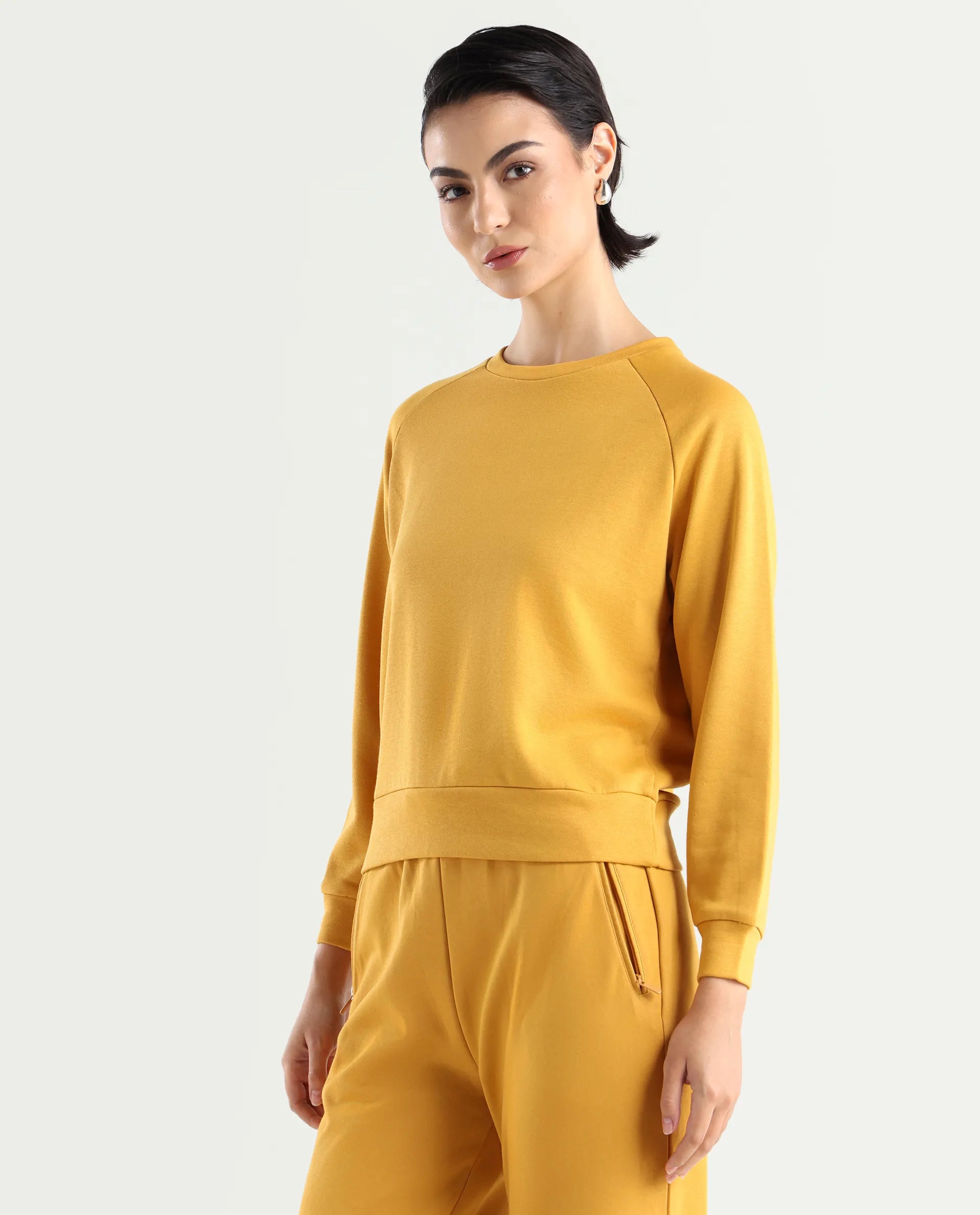 Rareism Women's Medium Weight Terry 290 Gsm Cotton Blend Crew Neck Plain Cuffed Sleeve Relaxed Fit Sweatshirt