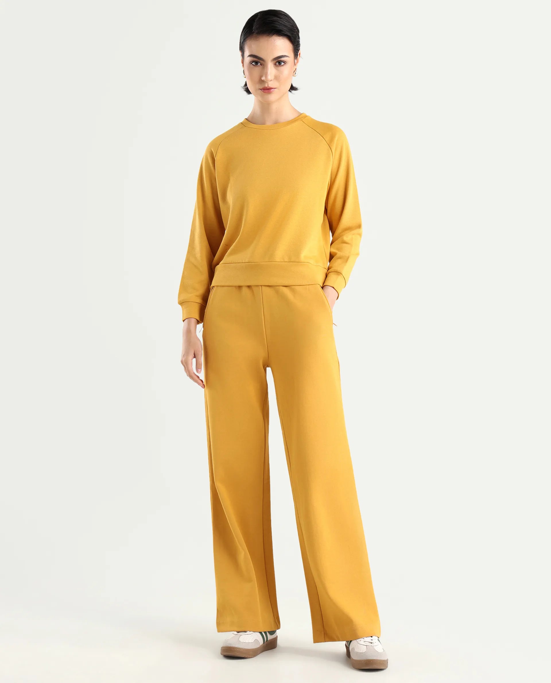 Rareism Women's Medium Weight Terry 290 Gsm Cotton Blend Crew Neck Plain Cuffed Sleeve Relaxed Fit Sweatshirt