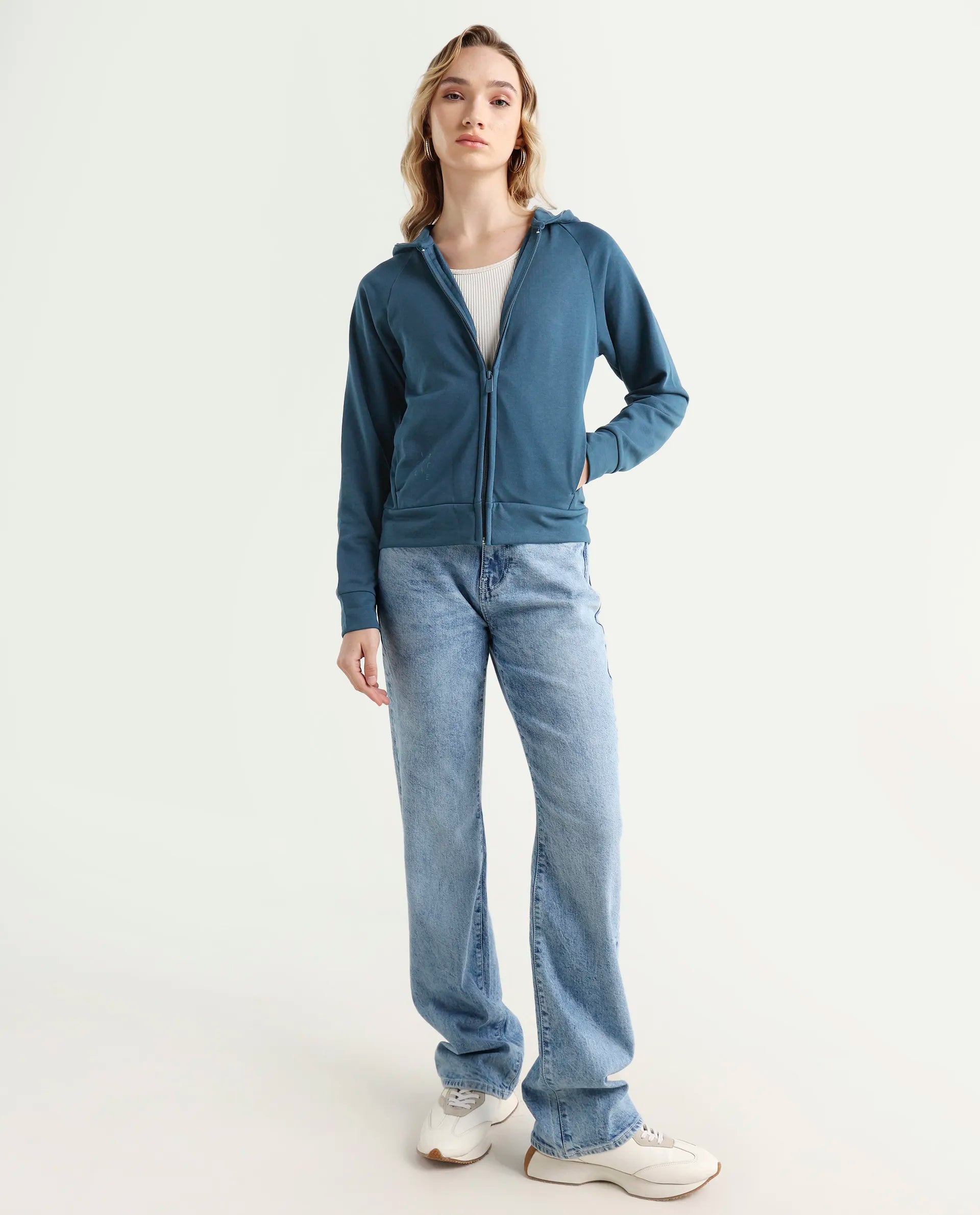 Rareism Women's Medium Weight Terry 290 Gsm Cotton Blend Hooded Plain Regular Fit Jacket