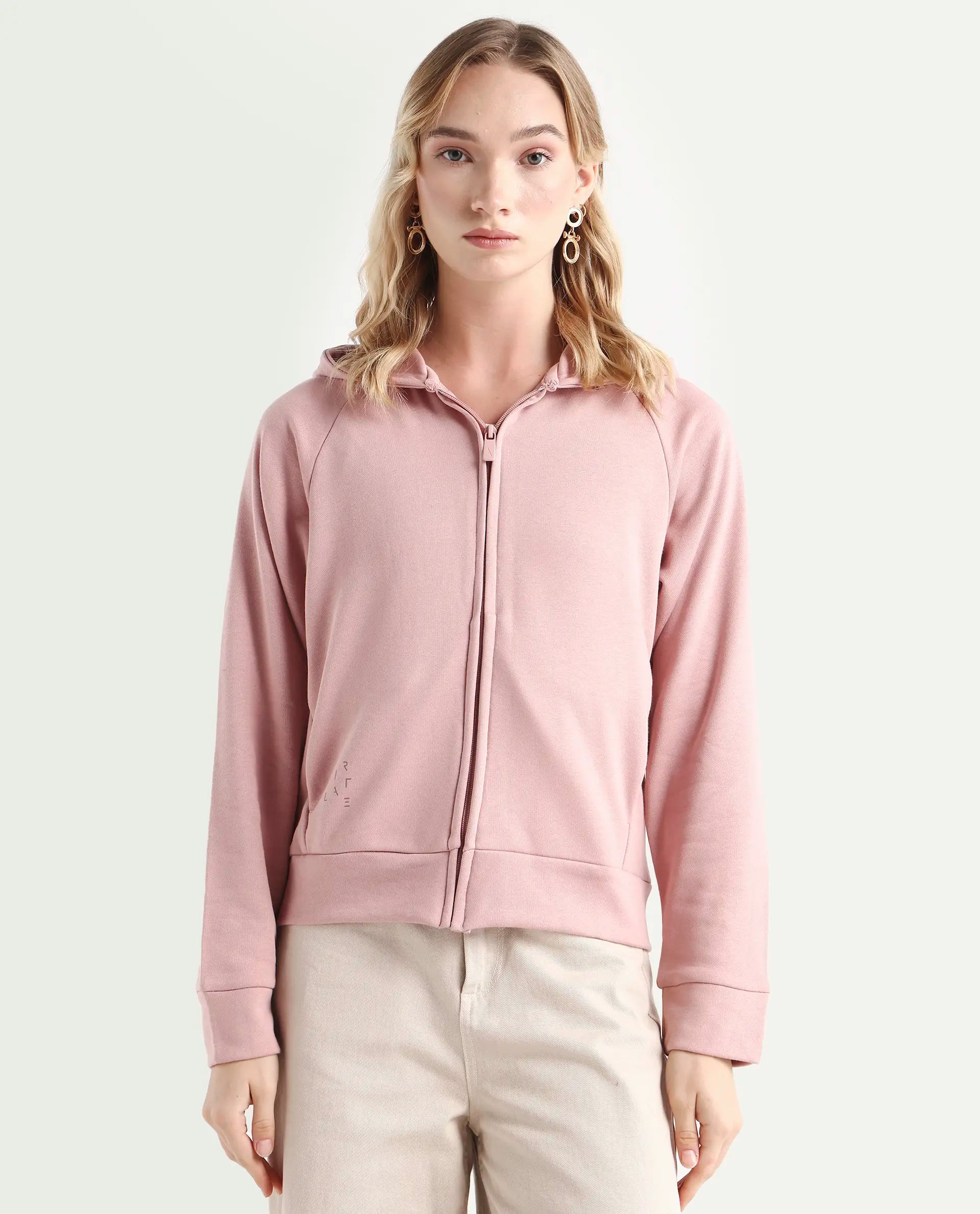 Rareism Women's Medium Weight Terry 290 Gsm Cotton Blend Hooded Plain Regular Fit Jacket