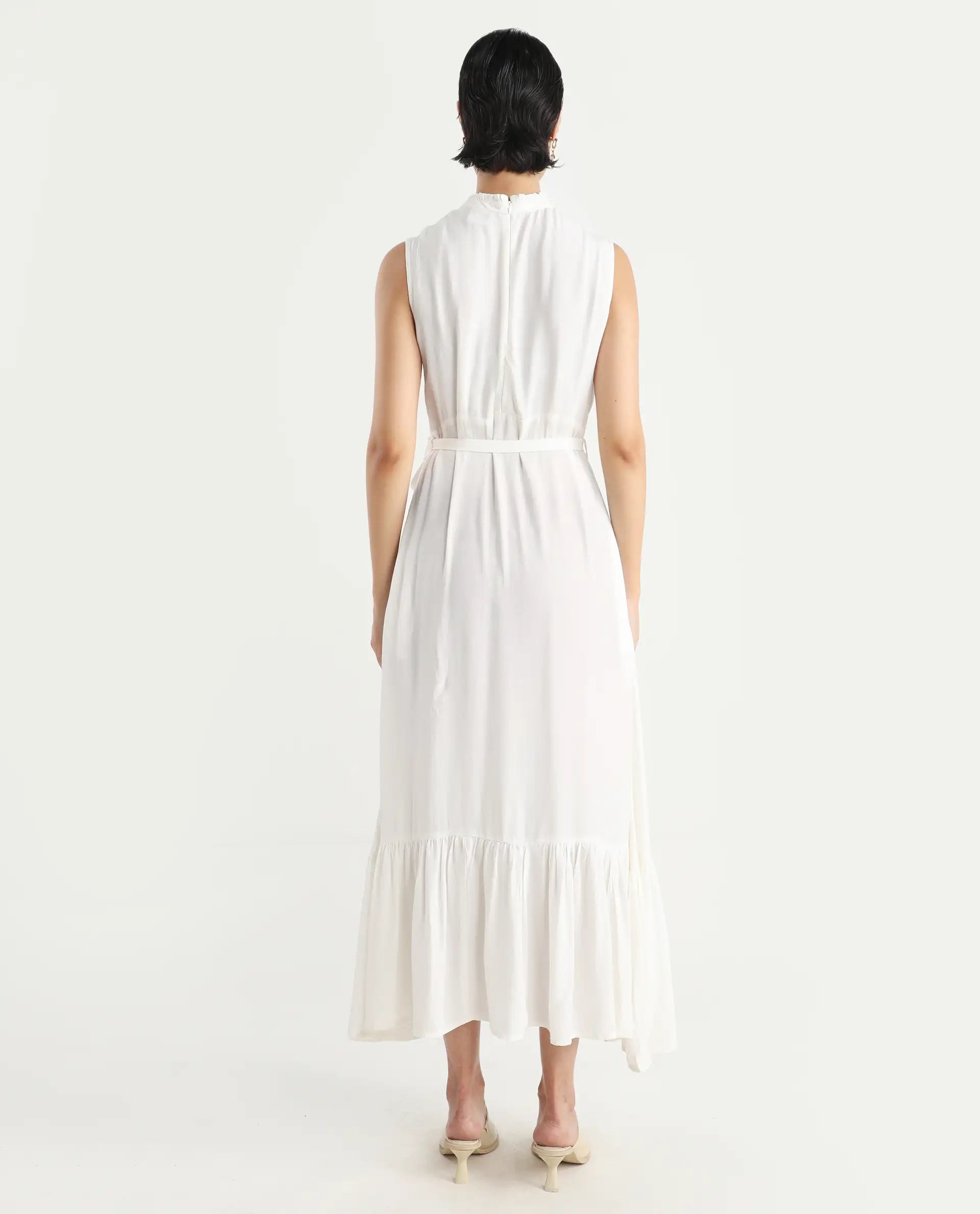 Rareism Women's Lilies White Viscose High Neck Plain Sleeveless Maxi Regular Fit Dress