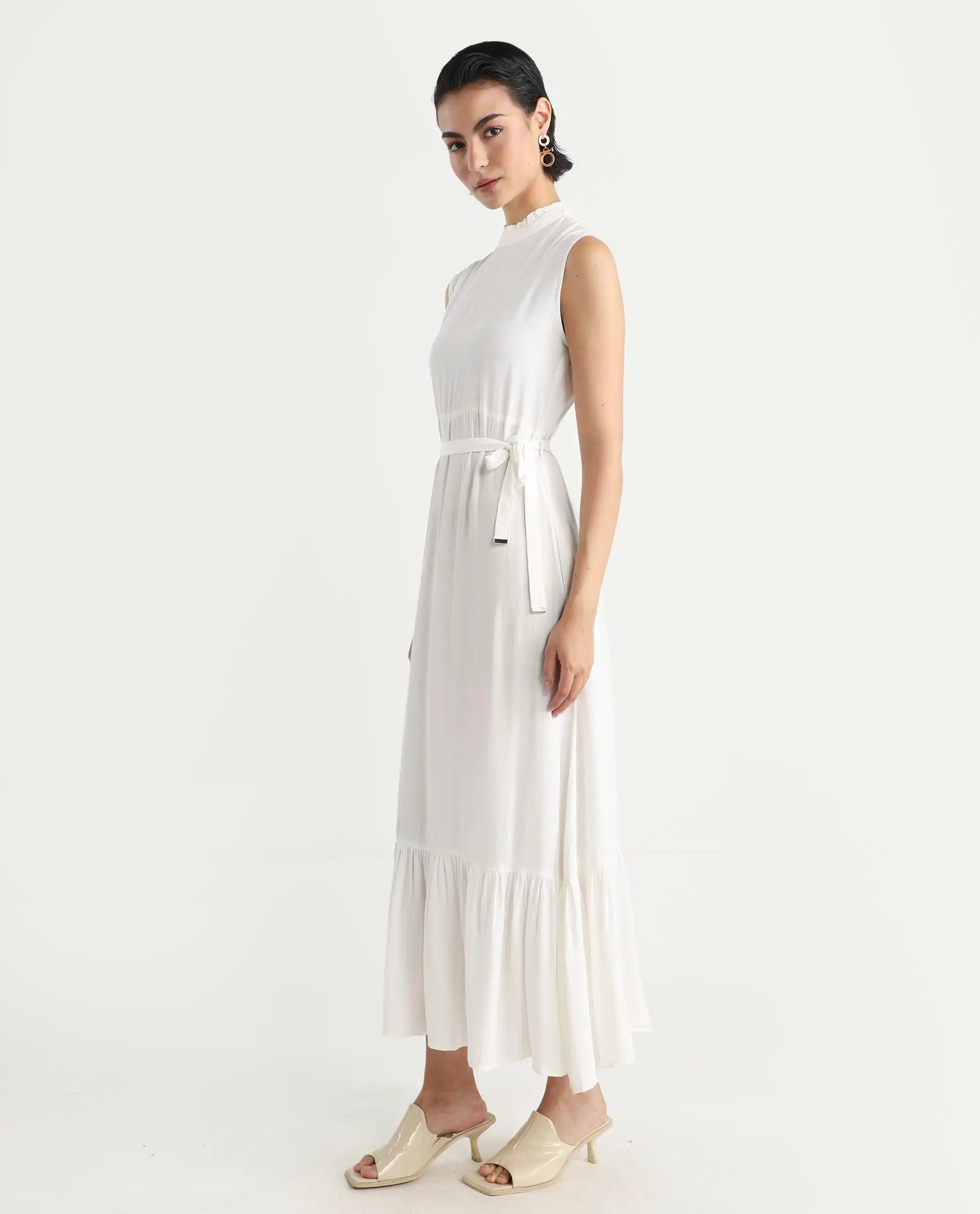 Rareism Women's Lilies White Viscose High Neck Plain Sleeveless Maxi Regular Fit Dress