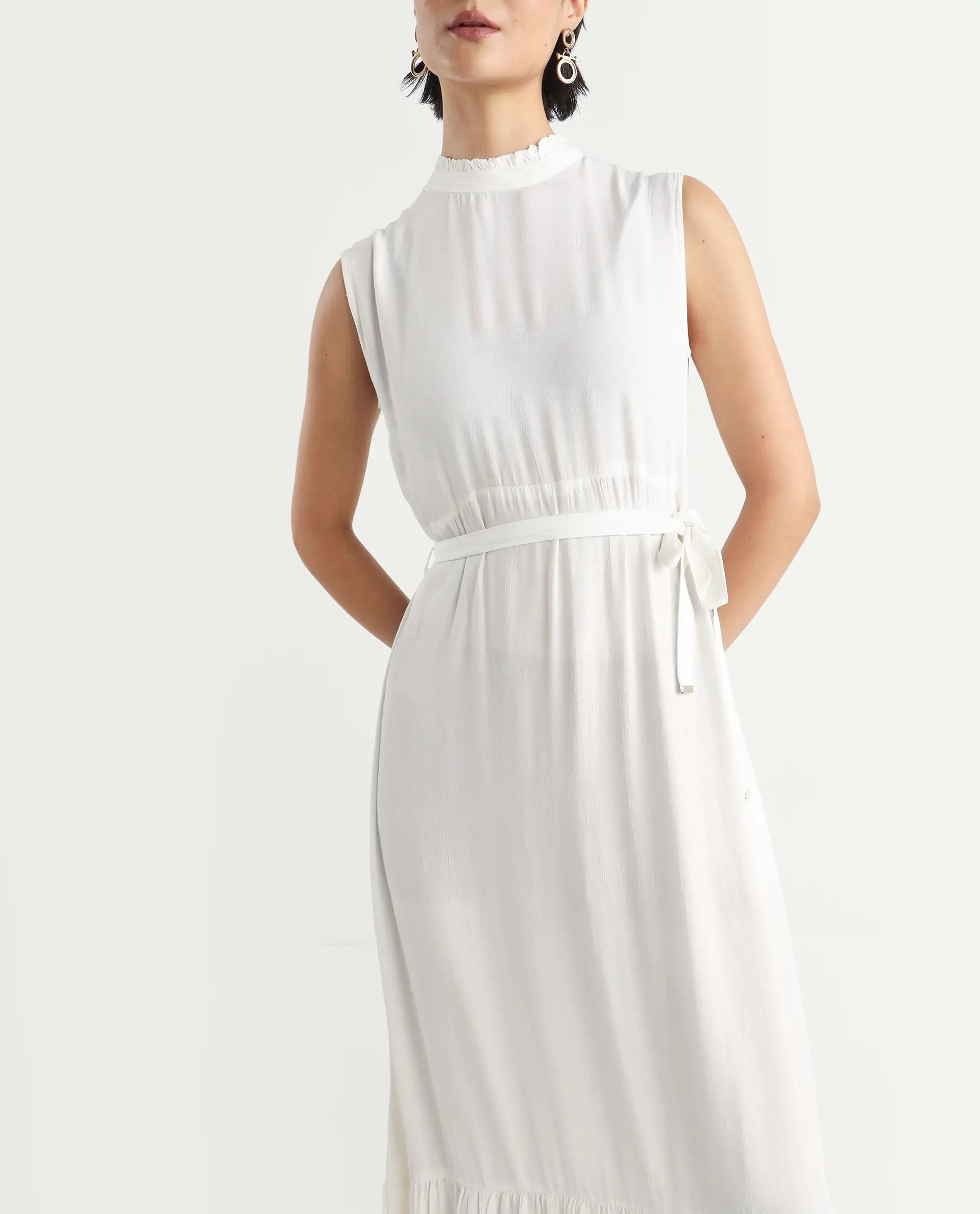 Rareism Women's Lilies White Viscose High Neck Plain Sleeveless Maxi Regular Fit Dress