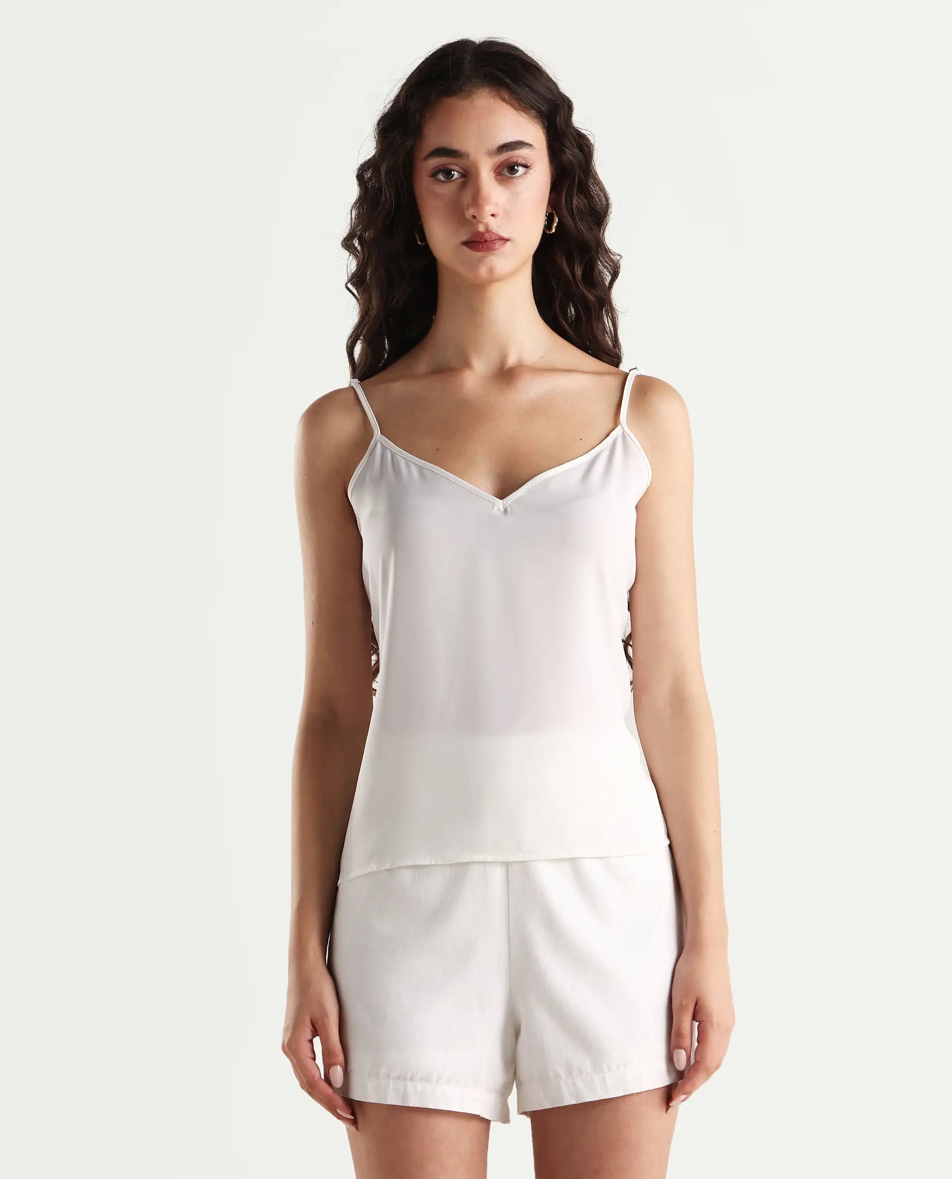 Rareism Women's Slipo Offwhite Polyester V-Neck Plain Shoulder Strap Knee Length Regular Fit Inner Wear Slip