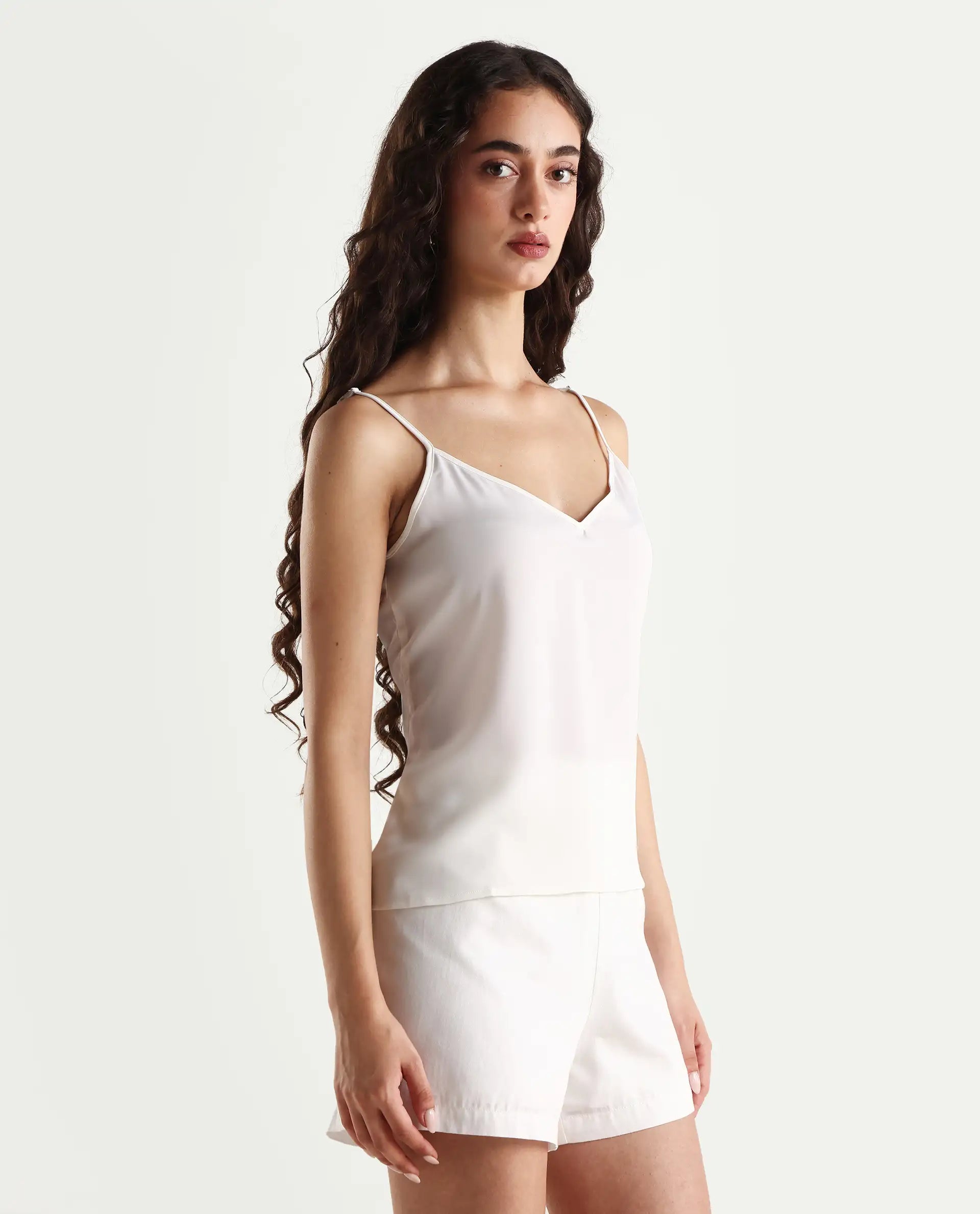 Rareism Women's Slipo Offwhite Polyester V-Neck Plain Shoulder Strap Knee Length Regular Fit Inner Wear Slip