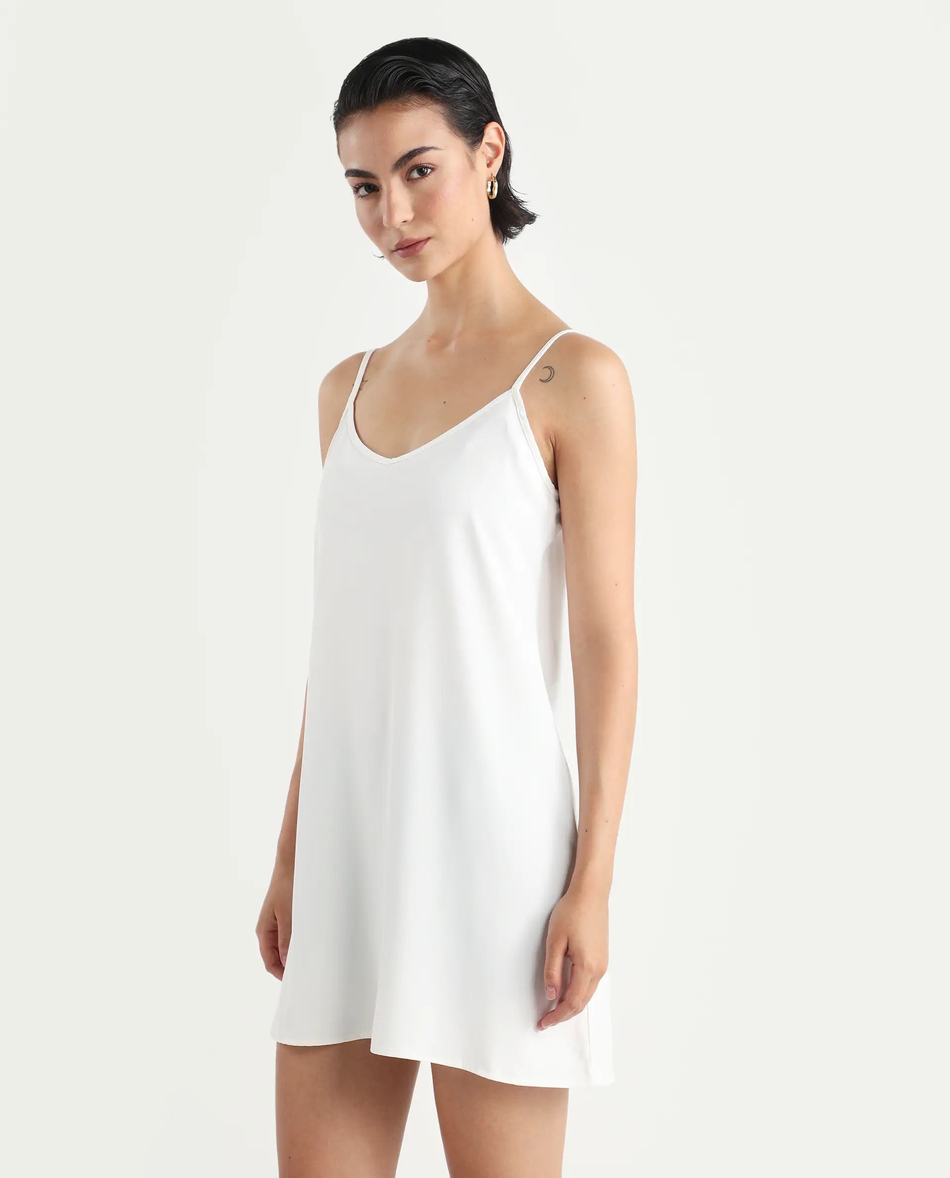 Rareism Women's Slipos Offwhite Polyester V-Neck Plain Shoulder Strap Knee Length Regular Fit Inner Wear