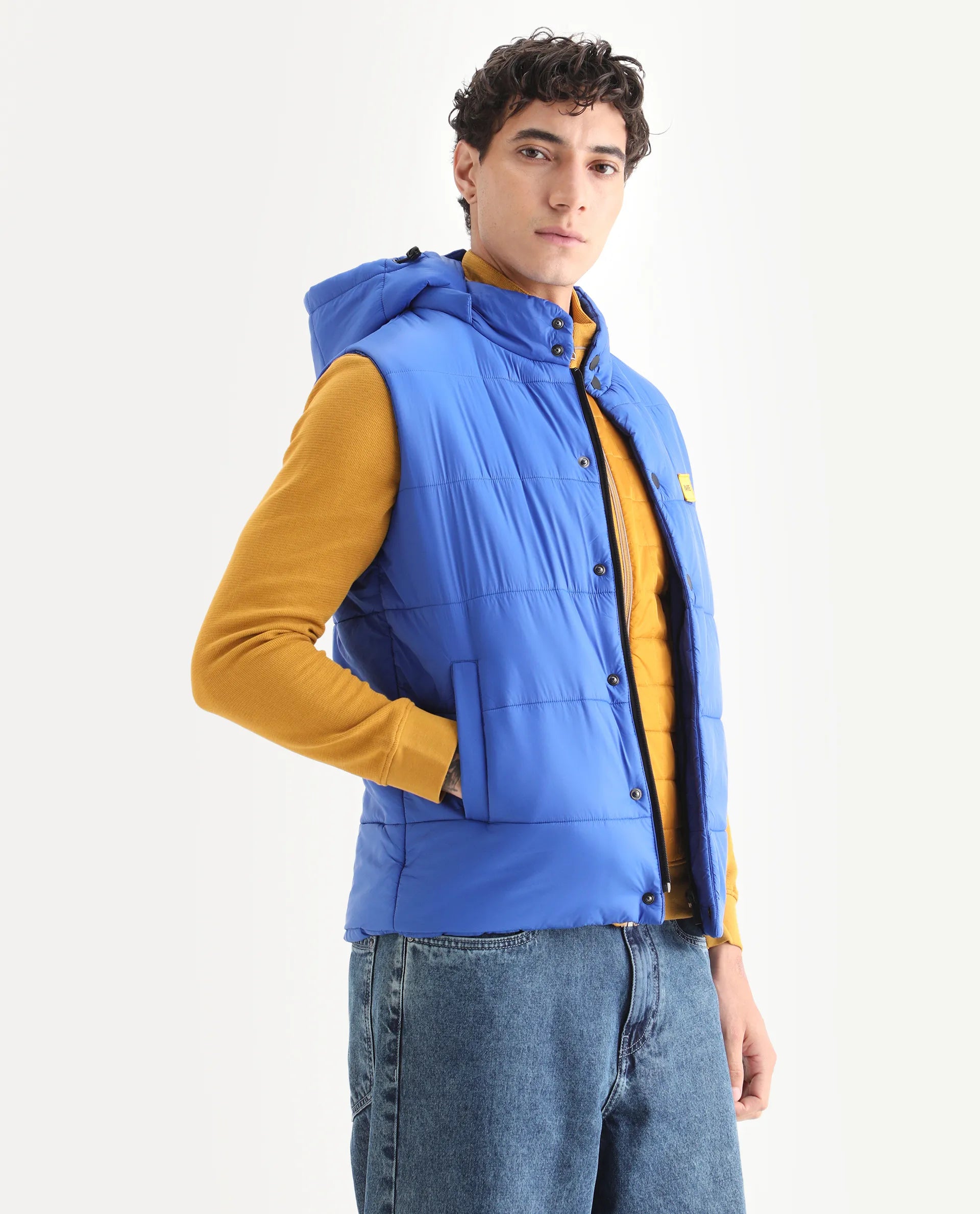 Rare Rabbit Men's Depot Blue Nylon Plain Slim Fit Sleeveless Hooded Jacket