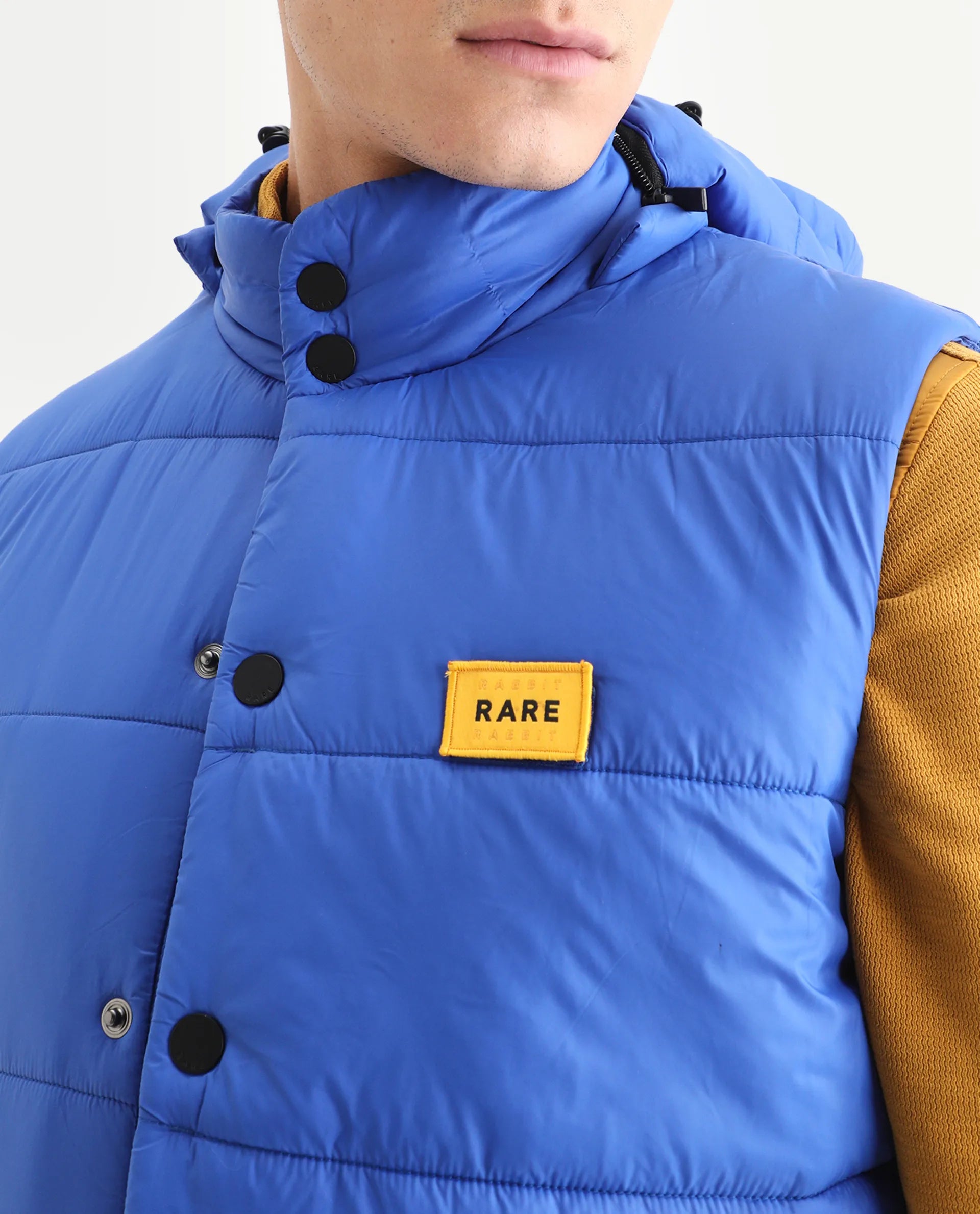 Rare Rabbit Men's Depot Blue Nylon Plain Slim Fit Sleeveless Hooded Jacket