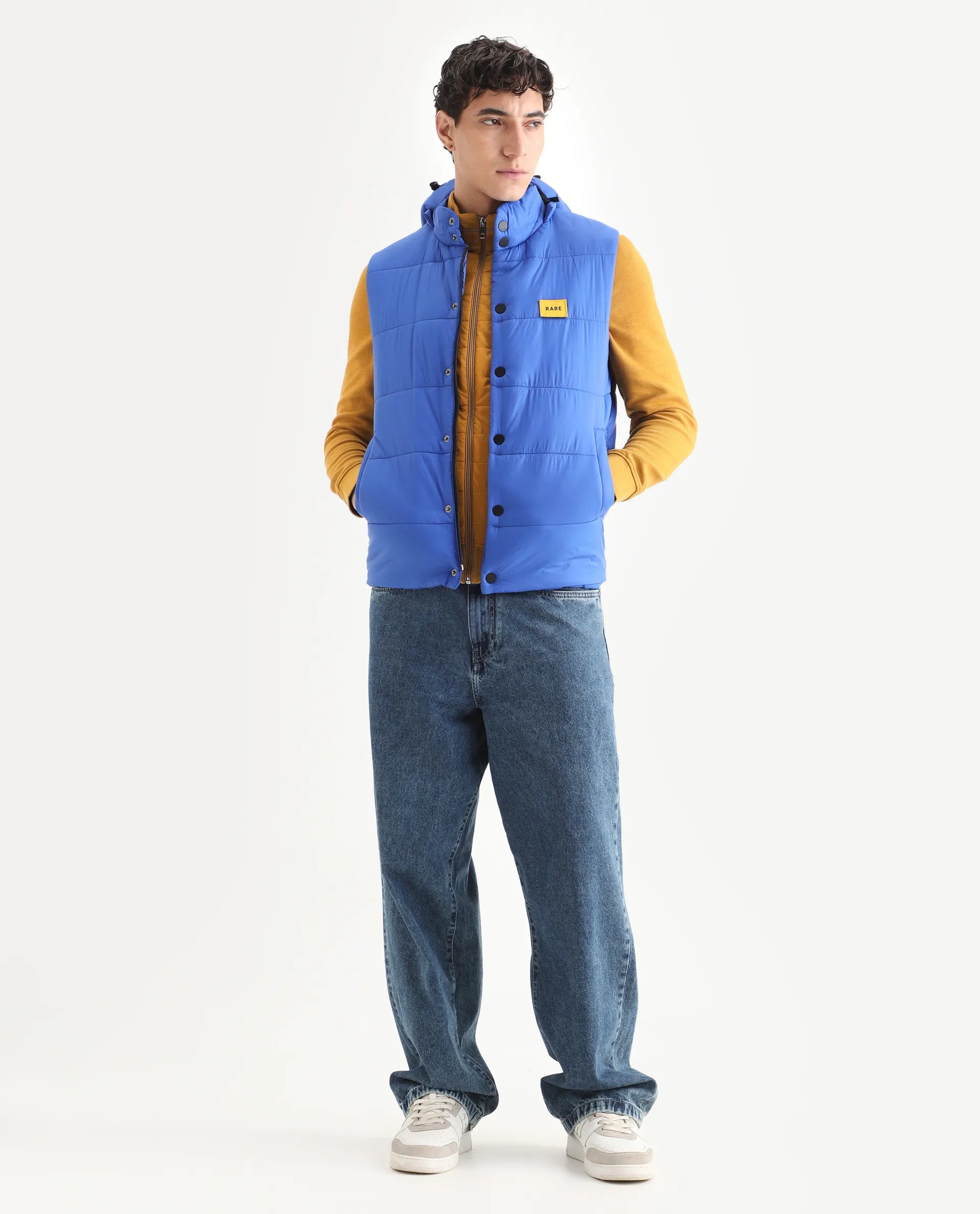 Rare Rabbit Men's Depot Blue Nylon Plain Slim Fit Sleeveless Hooded Jacket