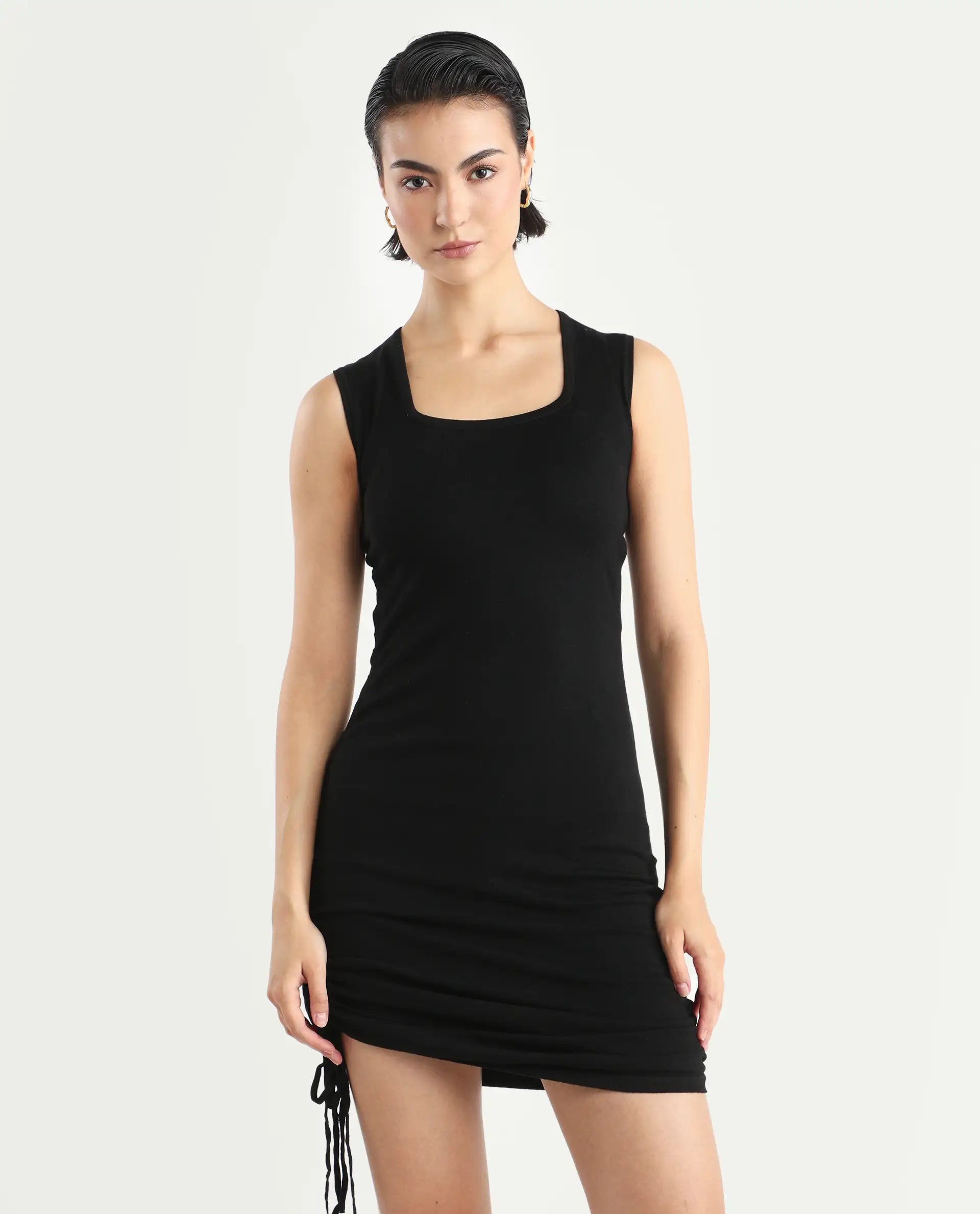 Rareism Women's Hailey Black Viscose Square Neck Plain Sleeveless Mini Regular Fit Dress