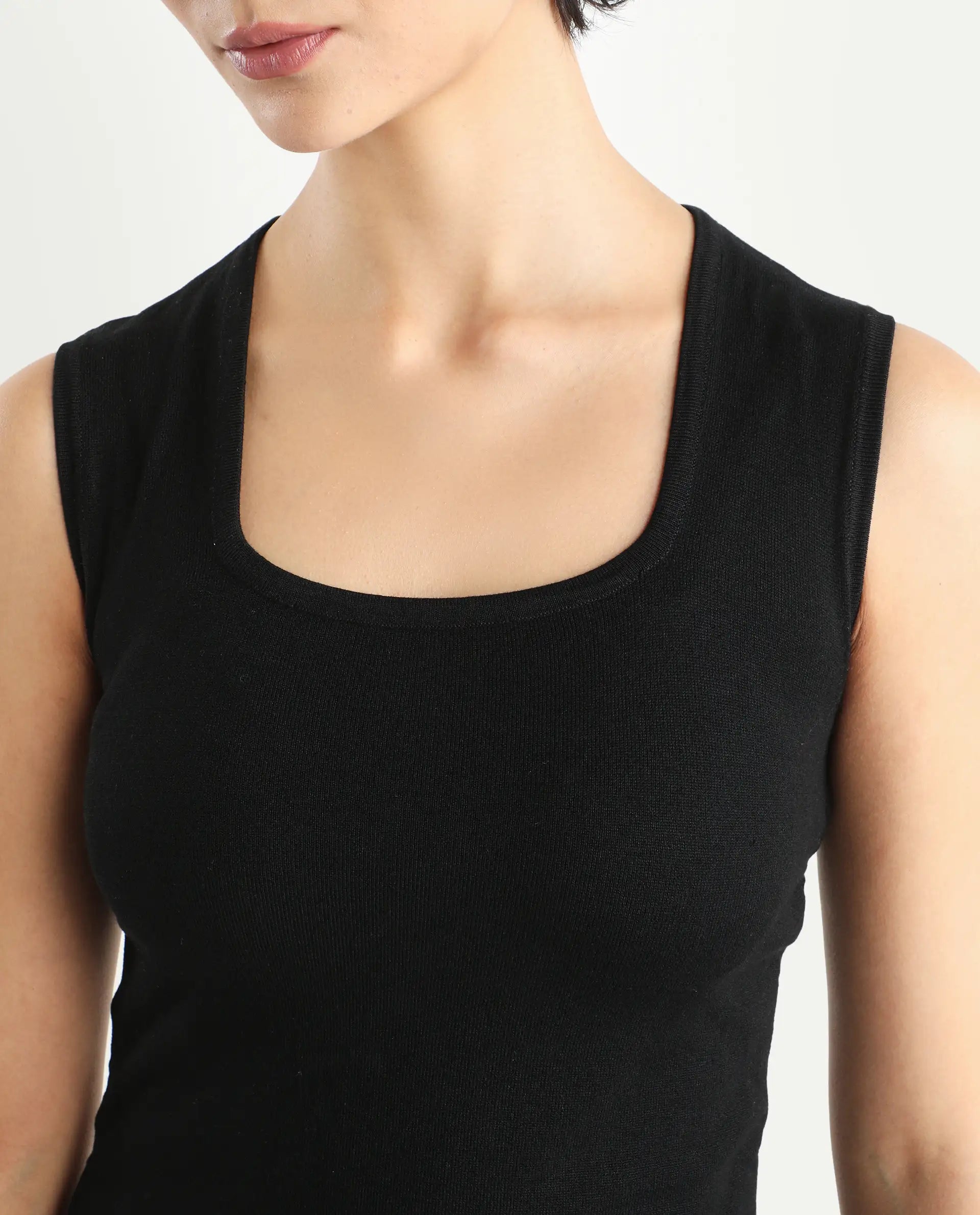 Rareism Women's Hailey Black Viscose Square Neck Plain Sleeveless Mini Regular Fit Dress