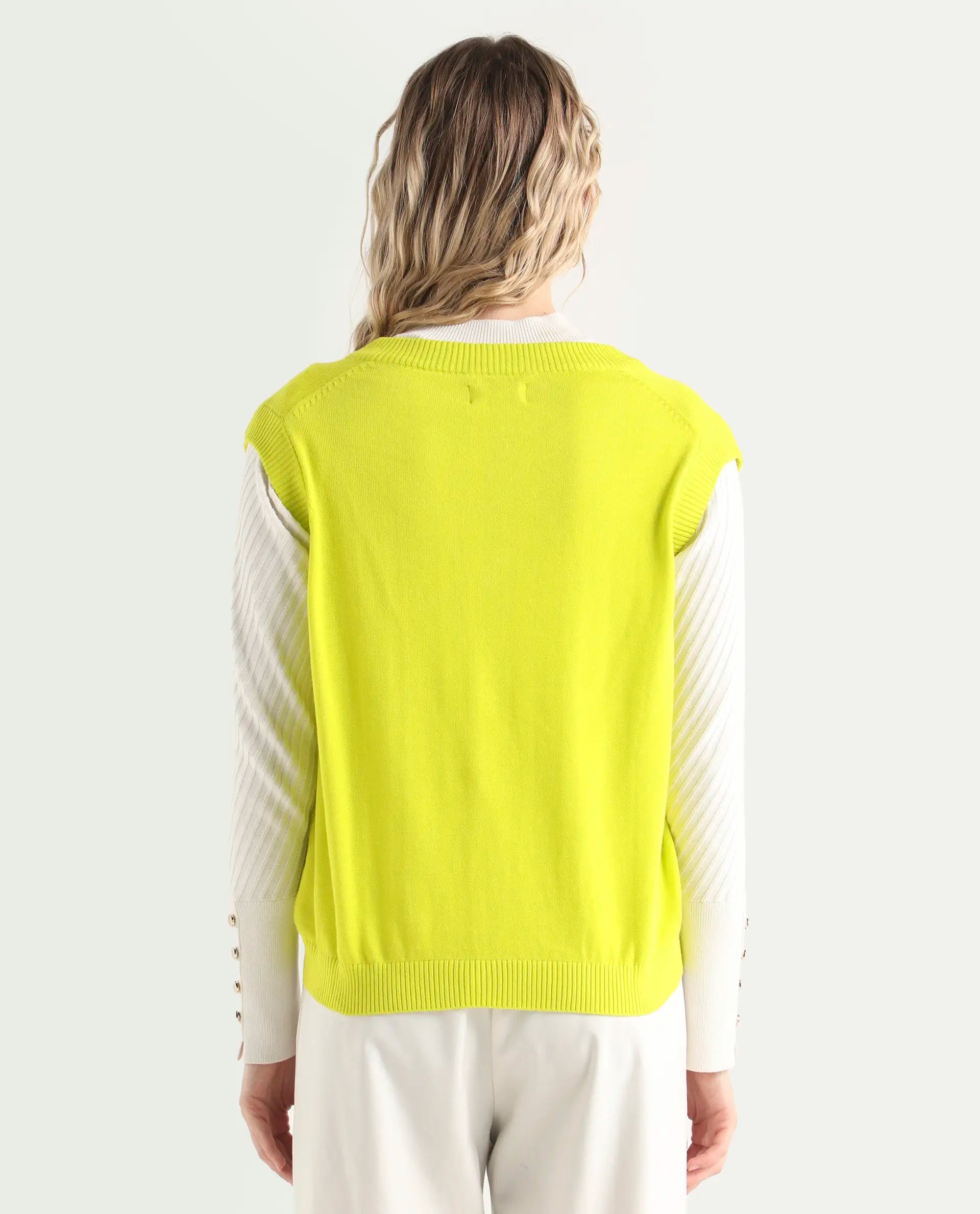 Rareism Women's Madelyn Green Cotton V-Neck Plain Sleeveless Regular Fit Sweater