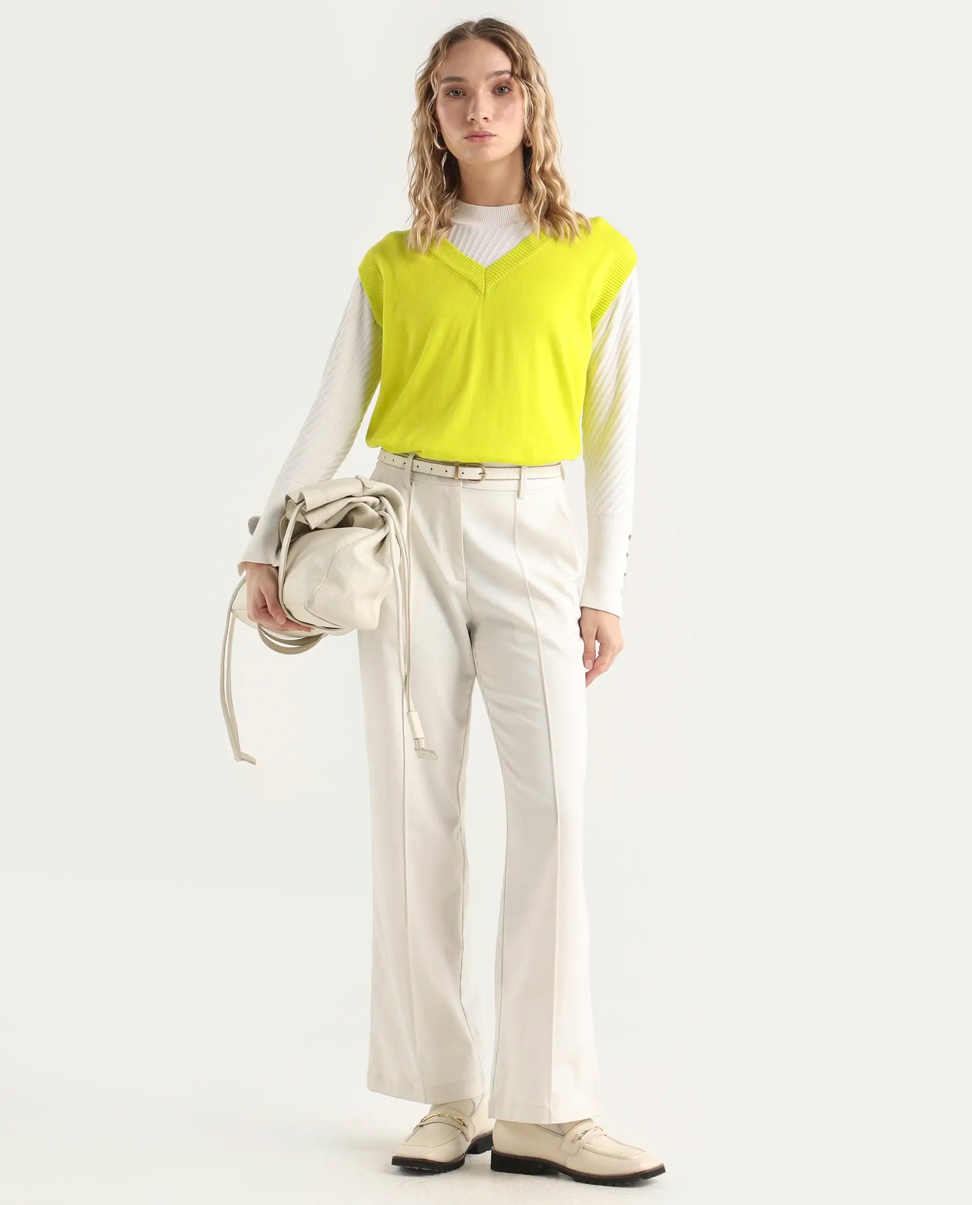 Rareism Women's Madelyn Green Cotton V-Neck Plain Sleeveless Regular Fit Sweater