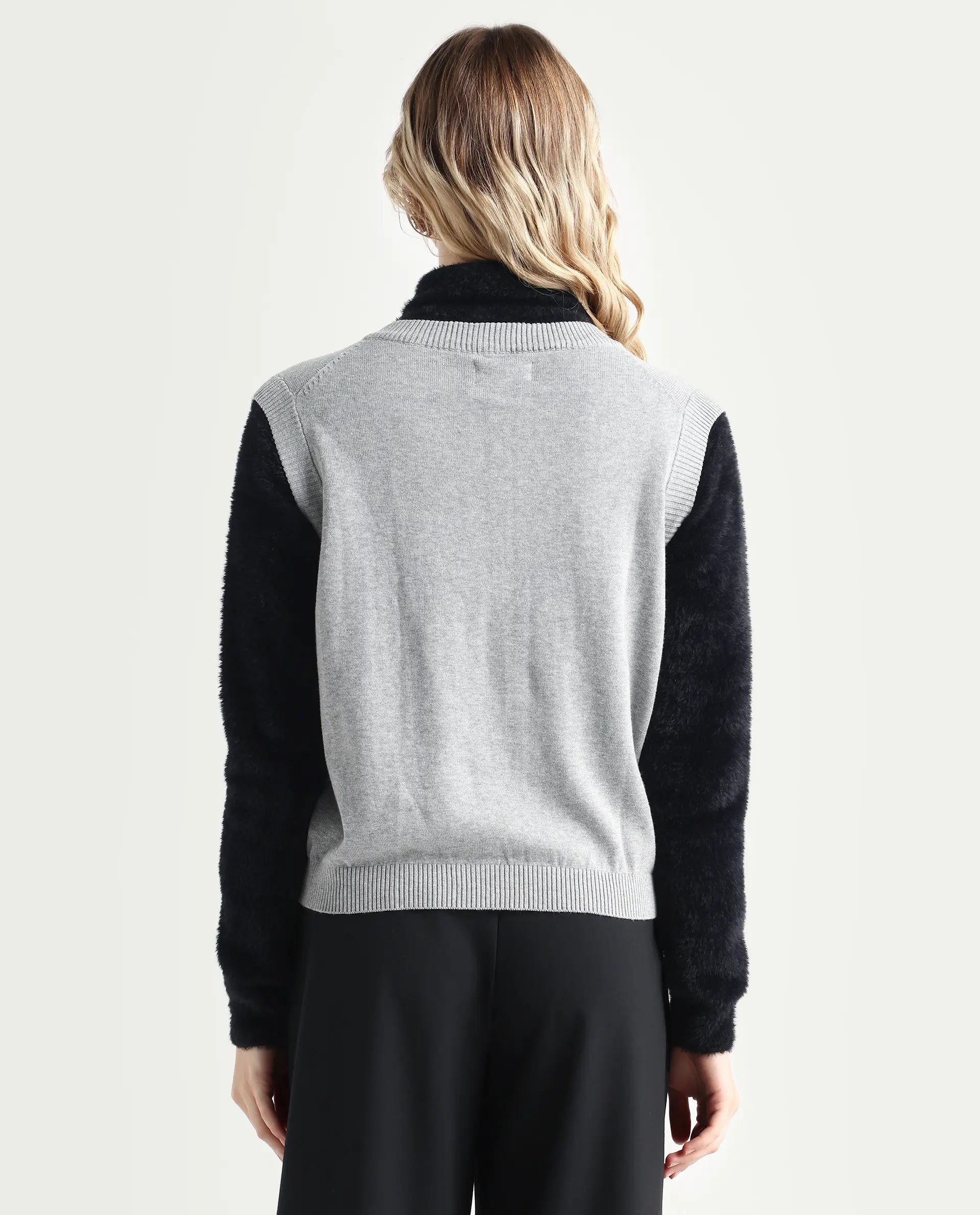 Rareism Women's Madelyn Grey Cotton V-Neck Plain Sleeveless Regular Fit Sweater