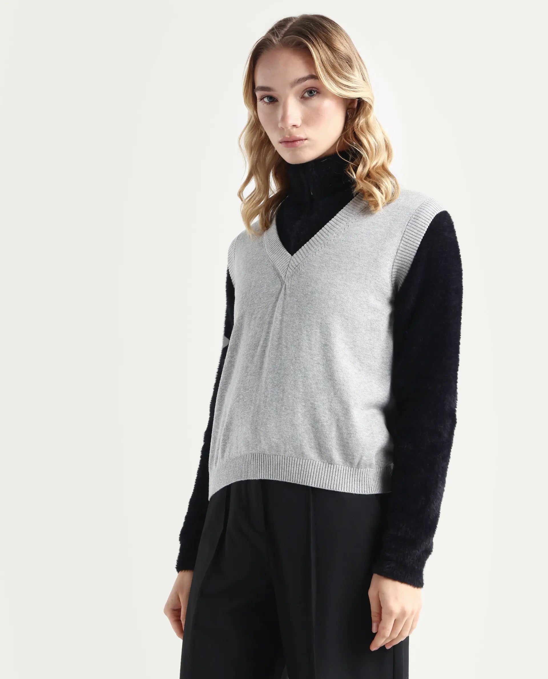 Rareism Women's Madelyn Grey Cotton V-Neck Plain Sleeveless Regular Fit Sweater