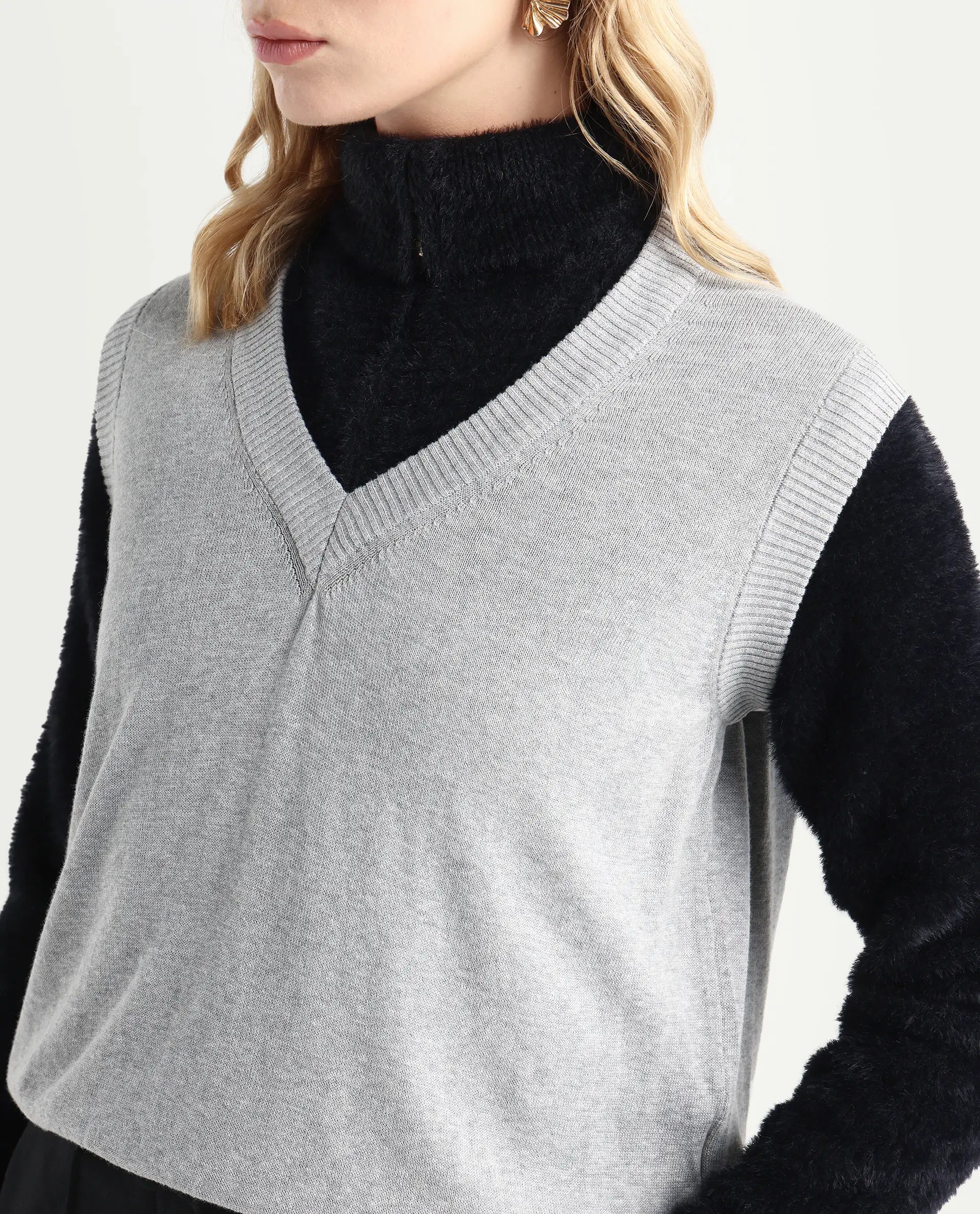 Rareism Women's Madelyn Grey Cotton V-Neck Plain Sleeveless Regular Fit Sweater