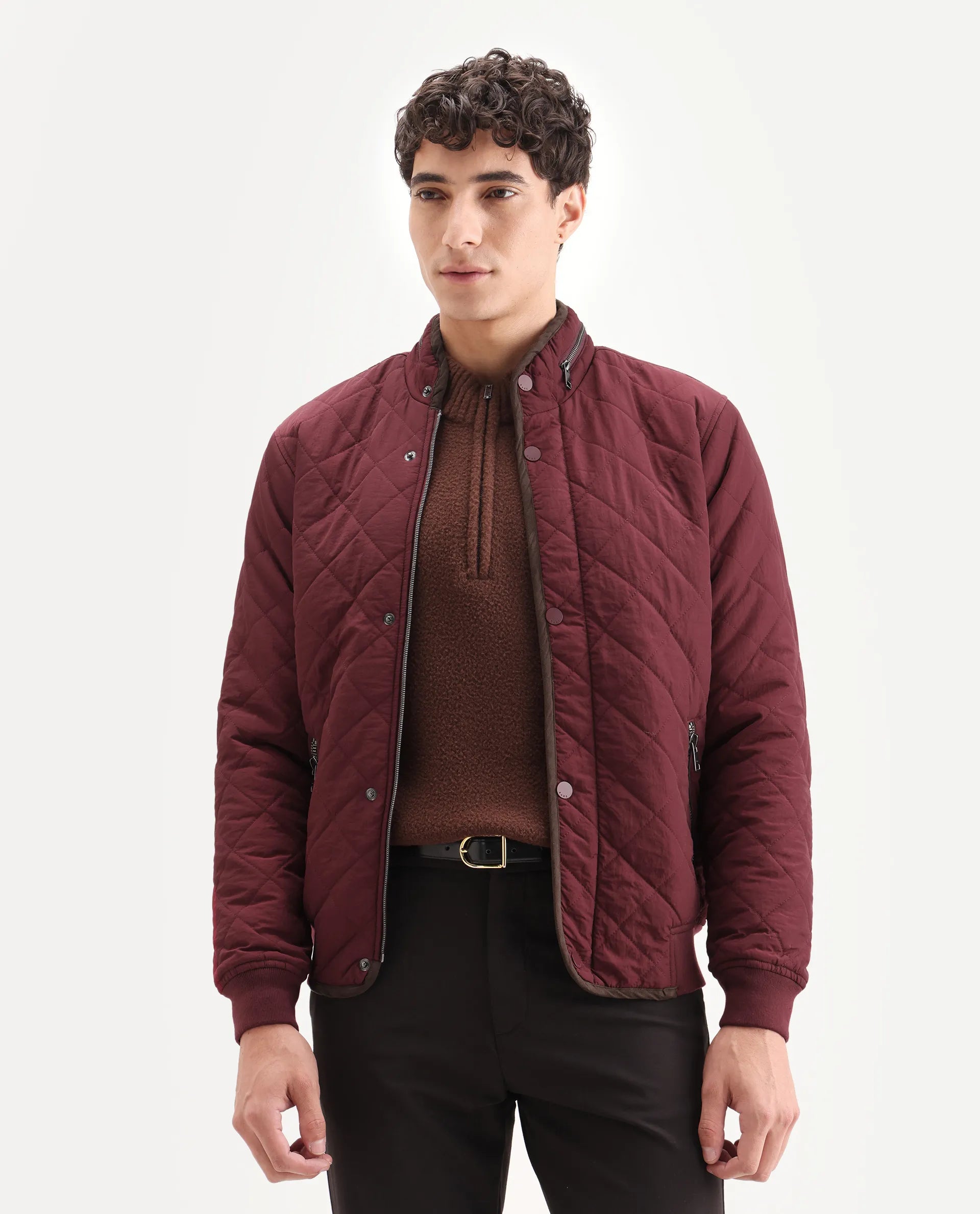 Rare Rabbit Men's Krul Red Nylon Plain Regular Fit Full Sleeve Mandarin Collar Jacket