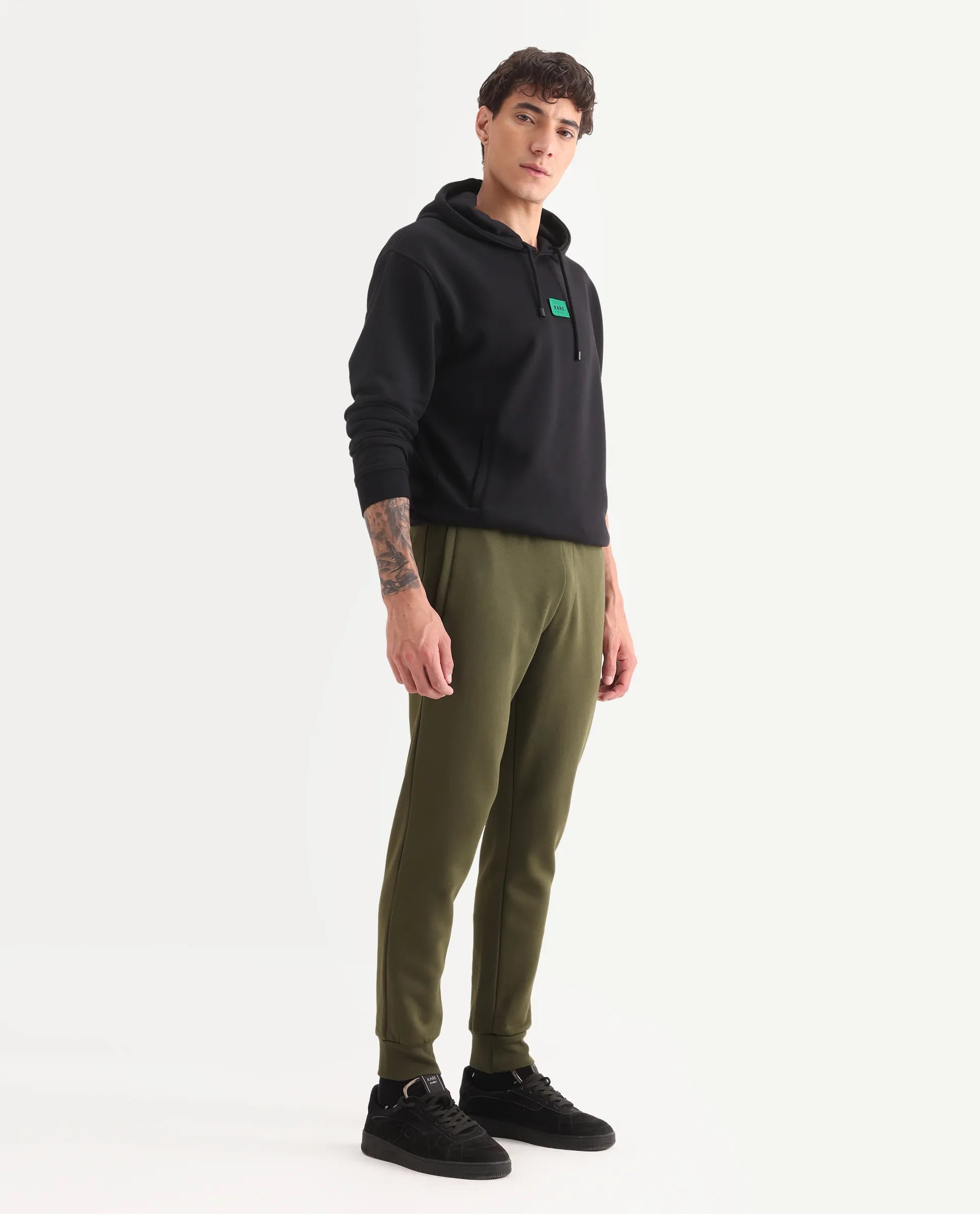Rare Rabbit Men's Chase Olive Cotton Plain Regular Fit Jogger