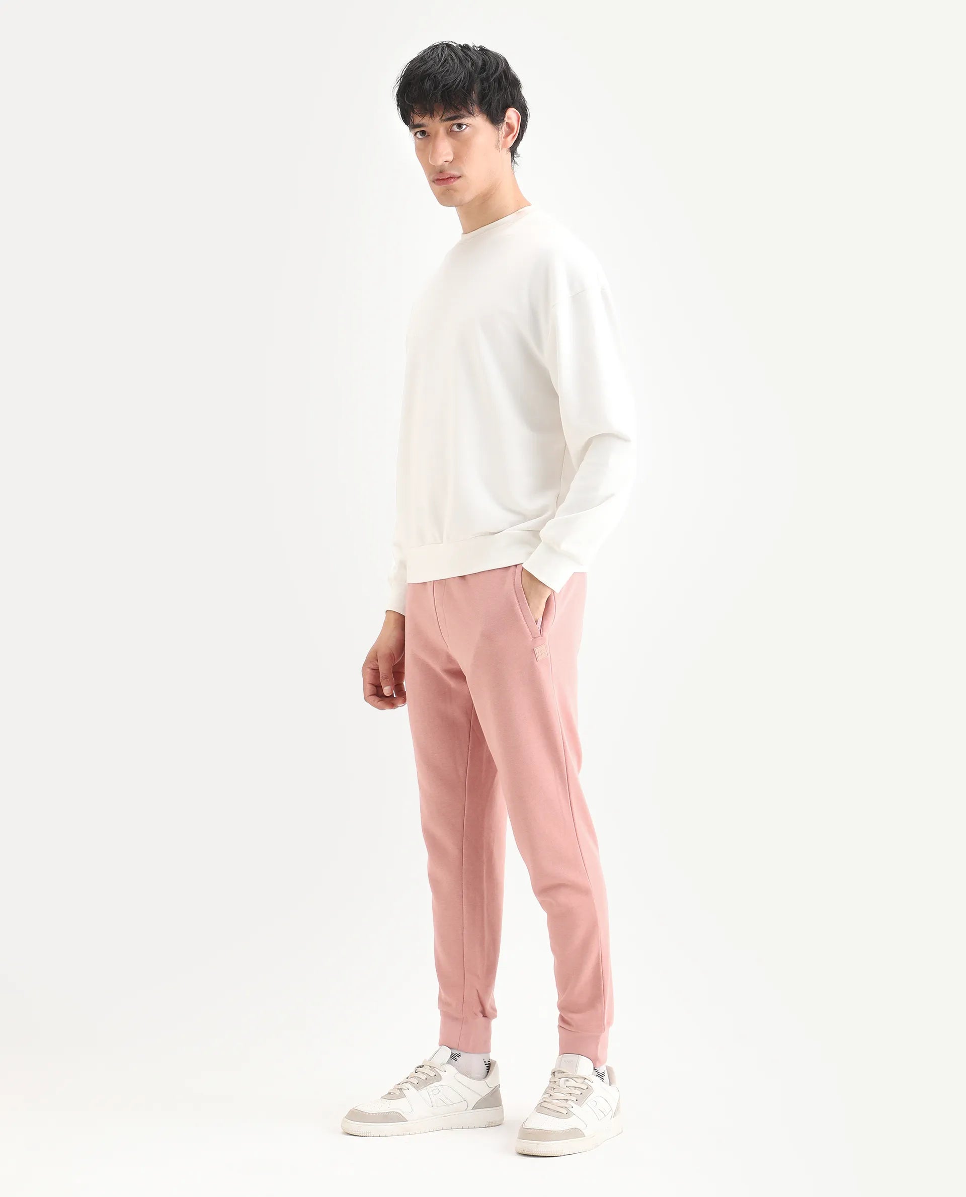 Rare Rabbit Men's Titan Pink Cotton Plain Regular Fit Joggers