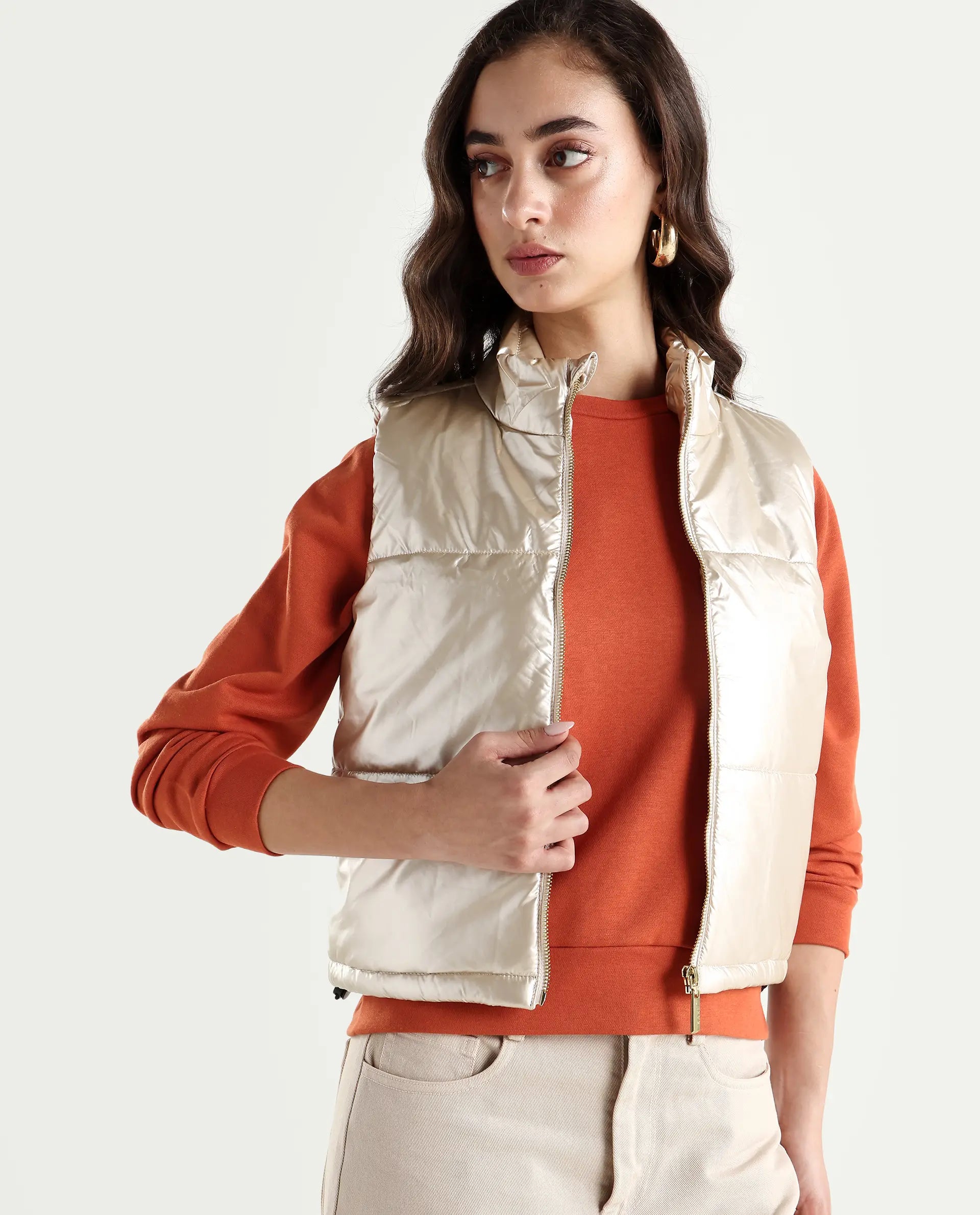 Rareism Women's Mindy Beige Polyester High Neck Plain Sleeveless Regular Fit Jacket