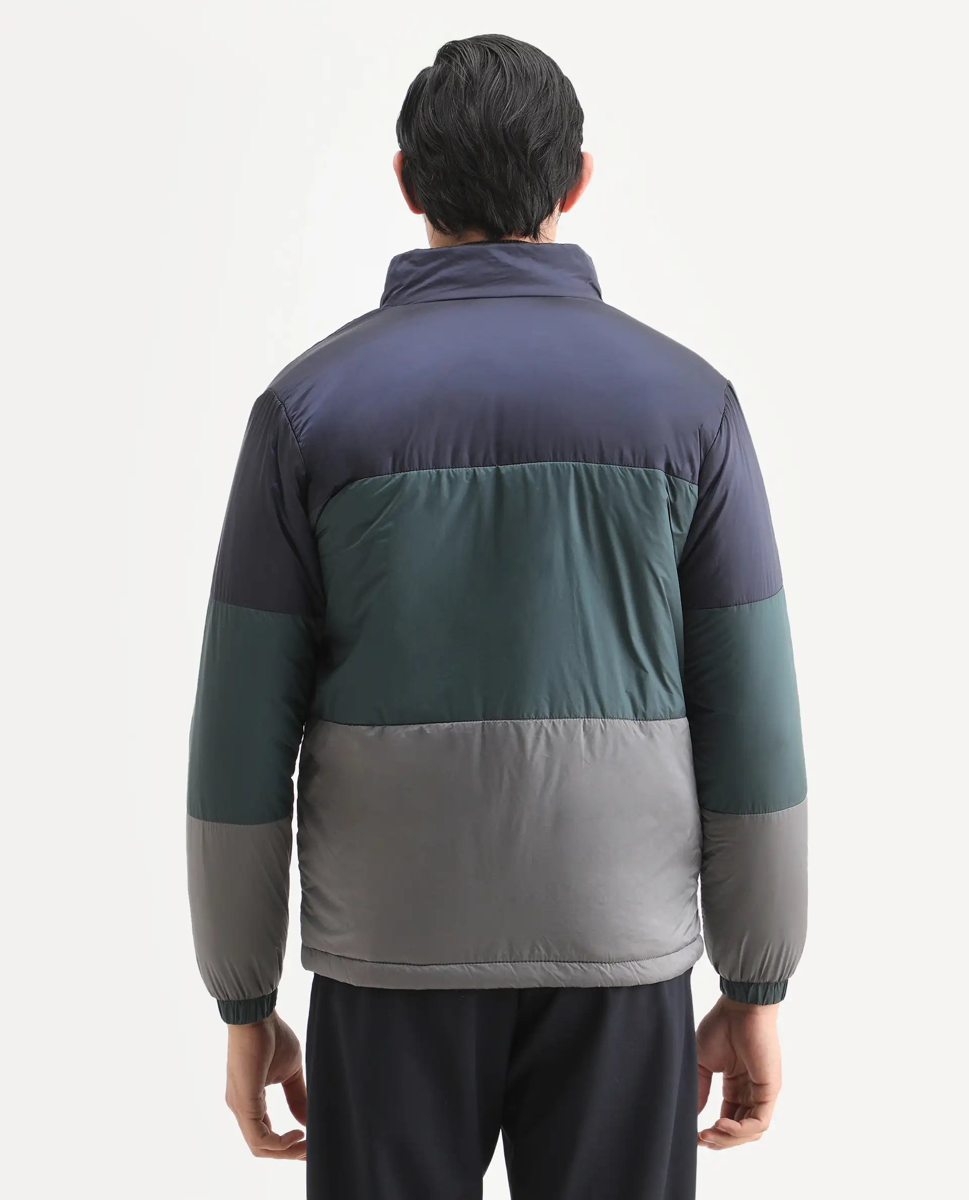Rare Rabbit Men's Clare Navy Polyester Ombre Relaxed Fit Full Sleeve High Neck Jacket
