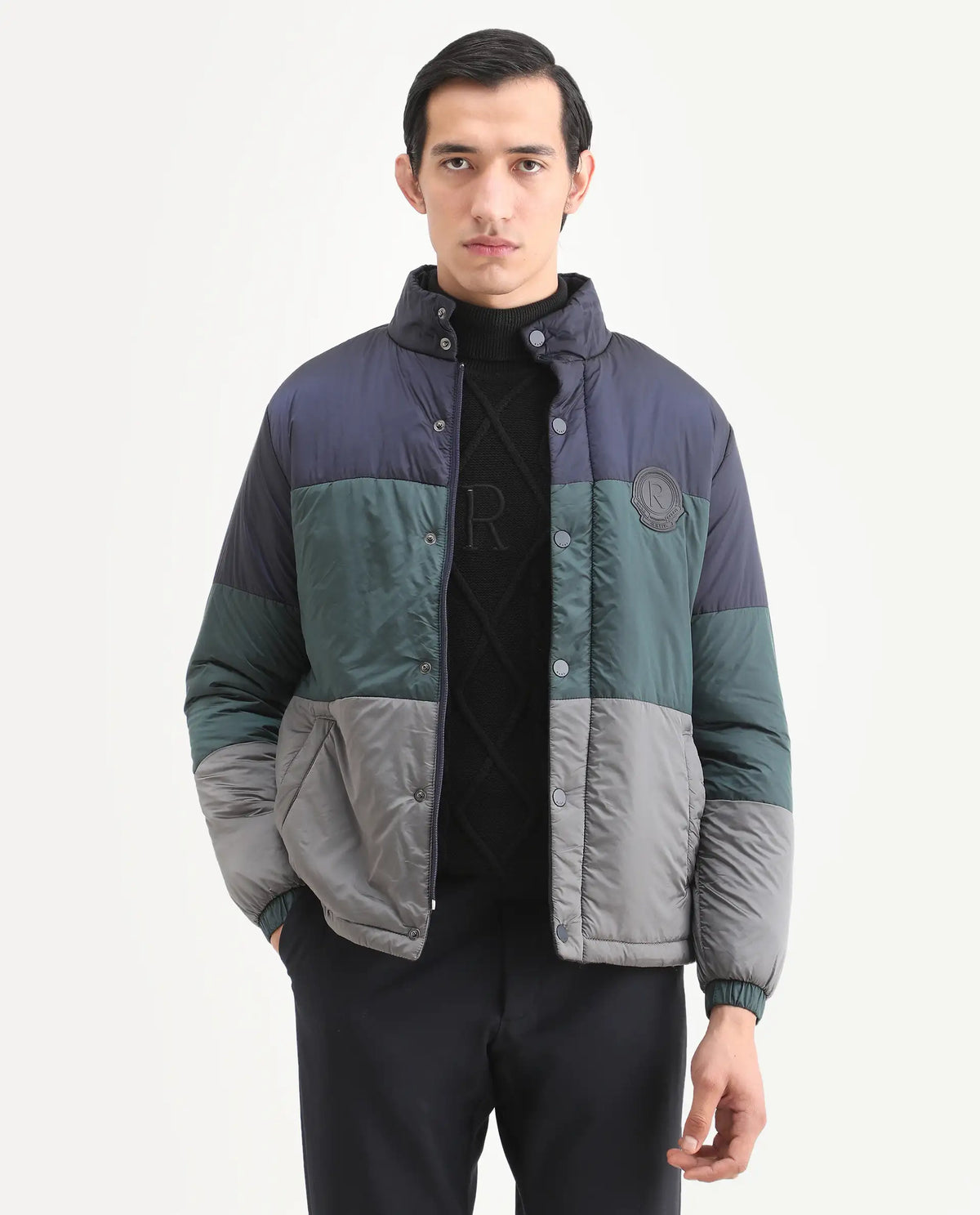 Rare Rabbit Men's Clare Navy Polyester Ombre Relaxed Fit Full Sleeve High Neck Jacket