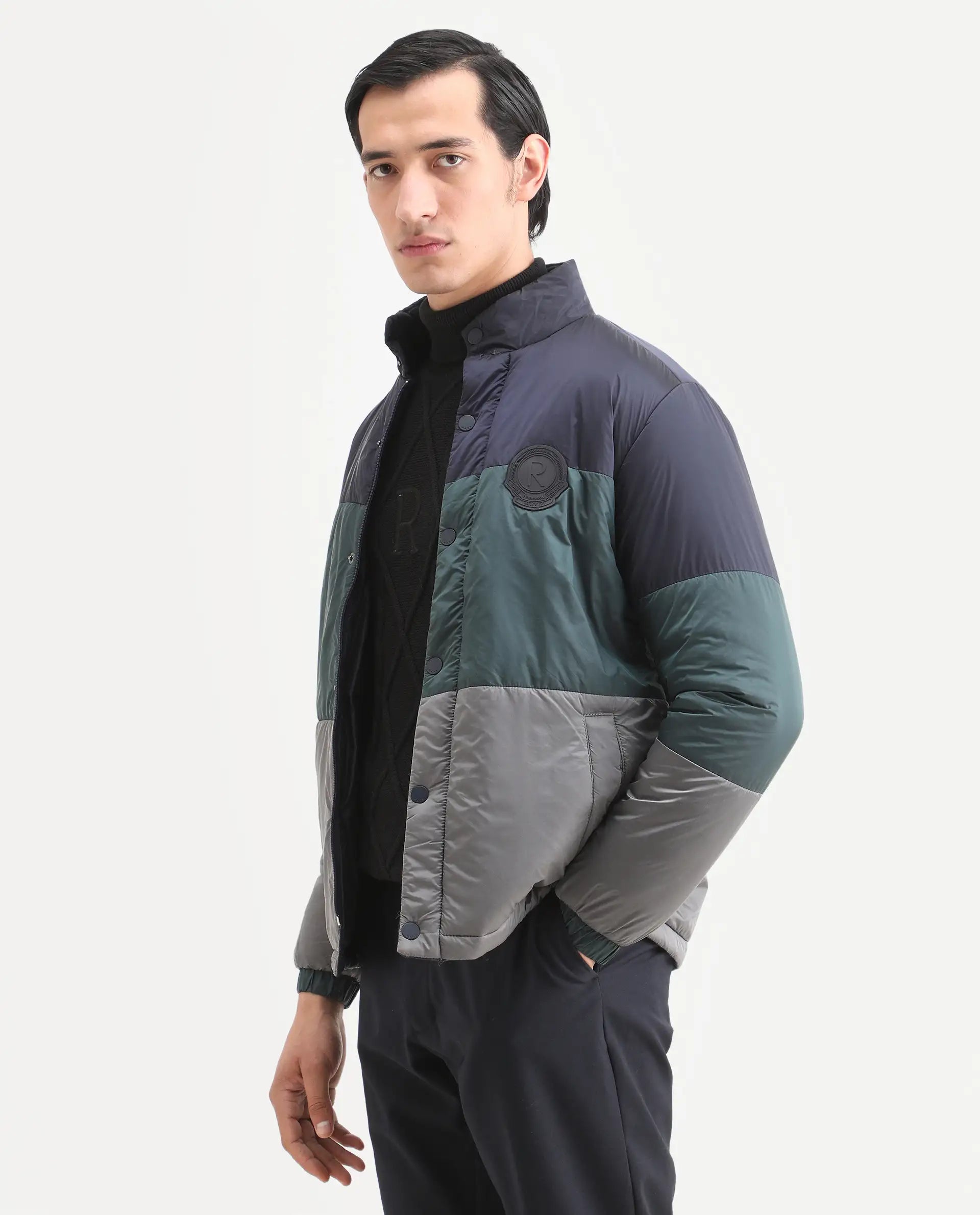 Rare Rabbit Men's Clare Navy Polyester Ombre Relaxed Fit Full Sleeve High Neck Jacket