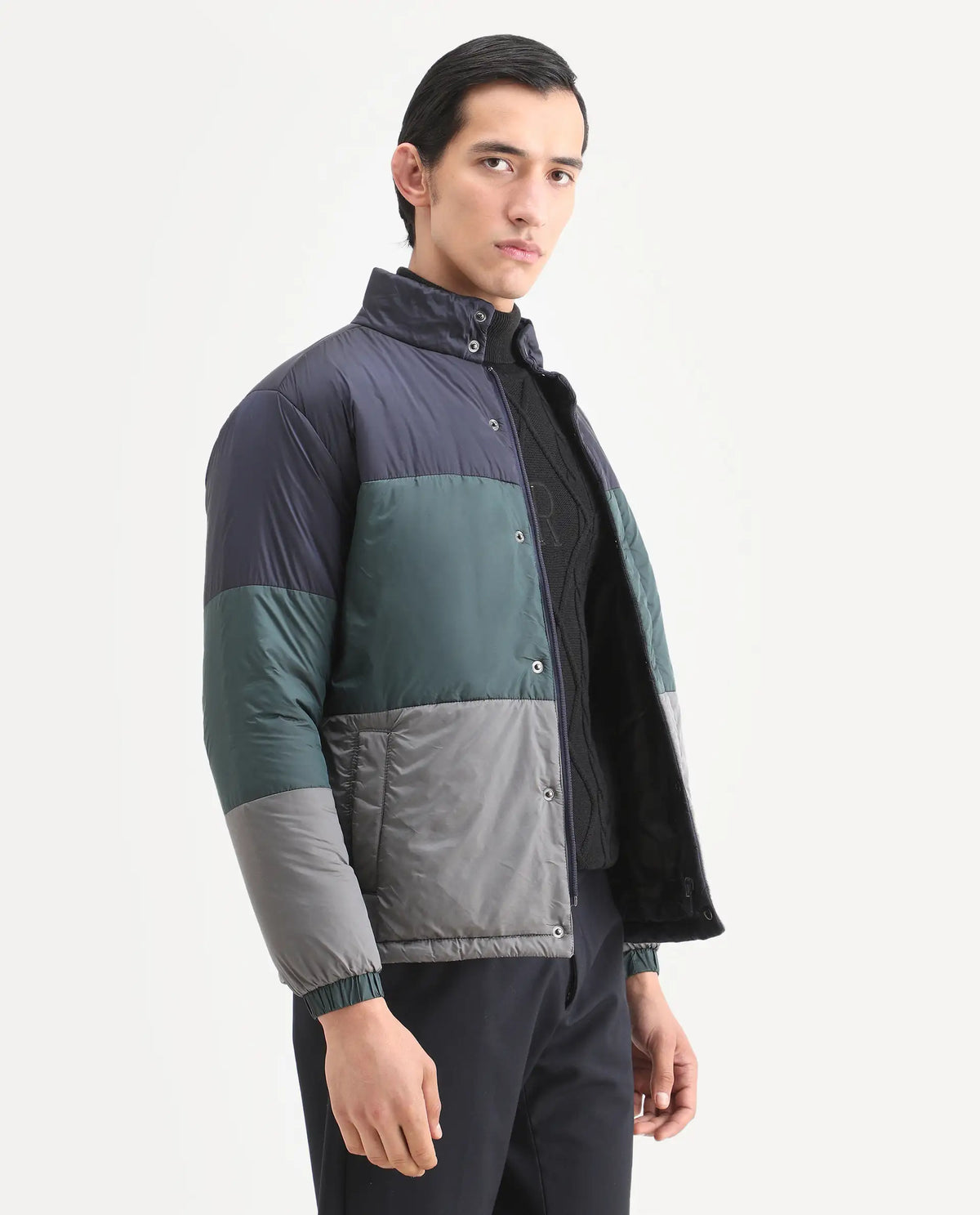 Rare Rabbit Men's Clare Navy Polyester Ombre Relaxed Fit Full Sleeve High Neck Jacket