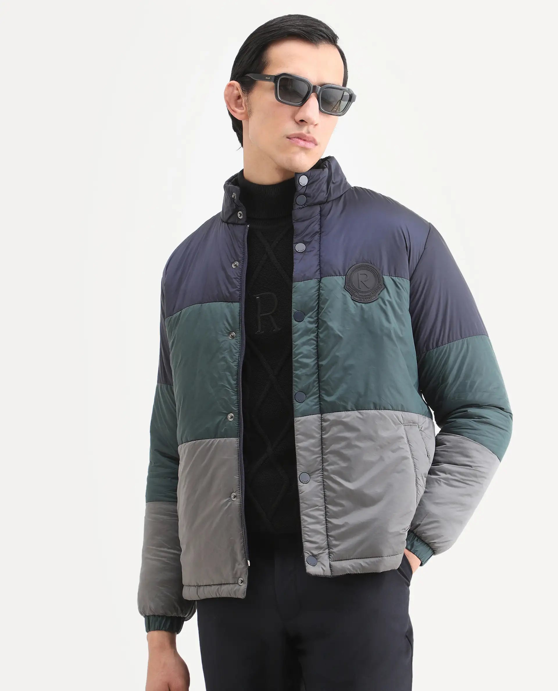 Rare Rabbit Men's Clare Navy Polyester Ombre Relaxed Fit Full Sleeve High Neck Jacket