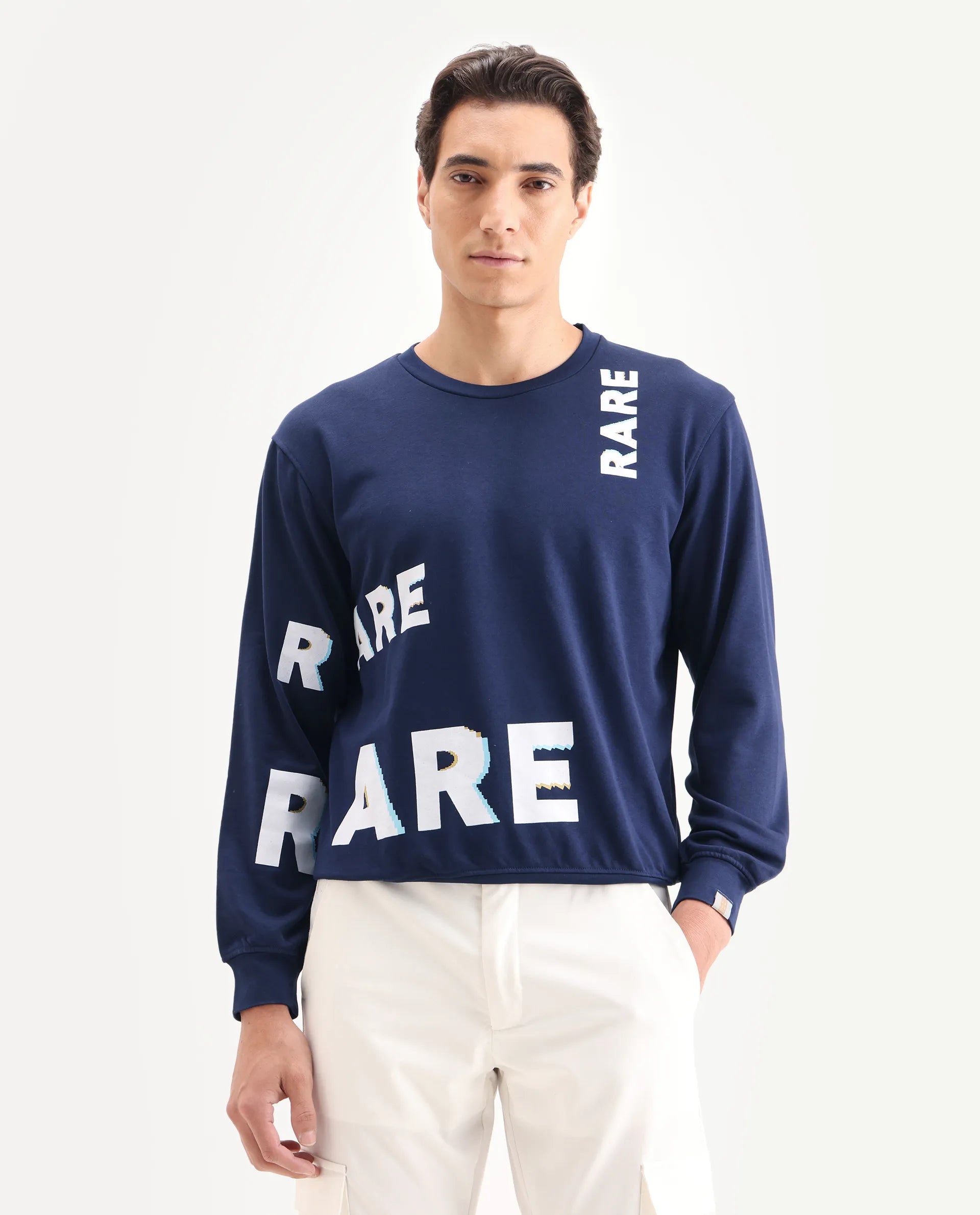 Rare Rabbit Men's Clovis Navy Cotton Monogram Print Regular Fit Full Sleeve Crew Neck Sweatshirt