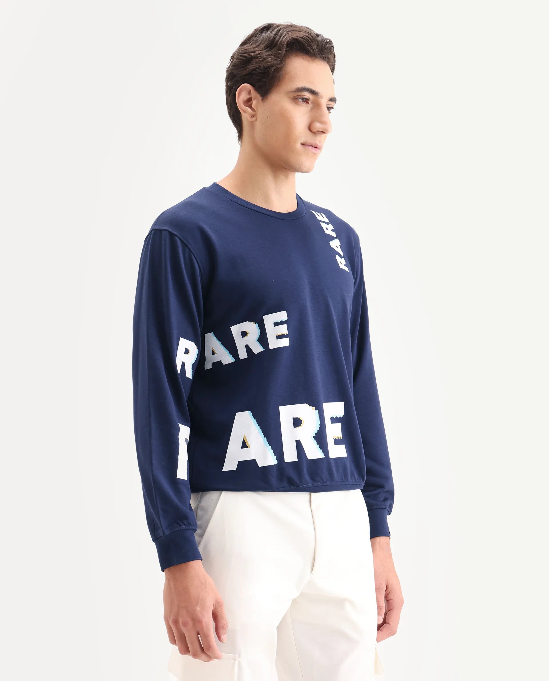 Rare Rabbit Men's Clovis Navy Cotton Monogram Print Regular Fit Full Sleeve Crew Neck Sweatshirt