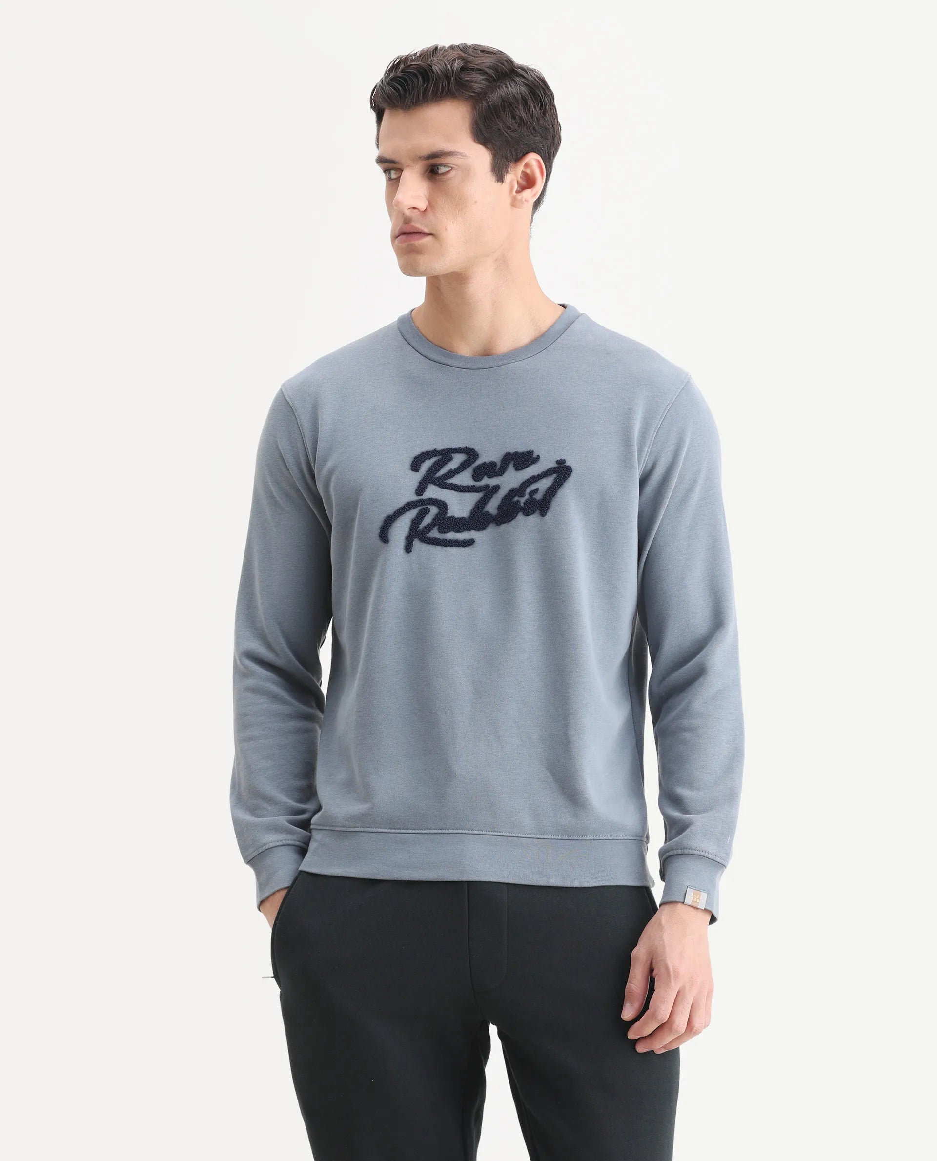Rare Rabbit Men's Fern Blue Cotton Embroidered Slim Fit Full Sleeve Crew Neck Sweatshirt