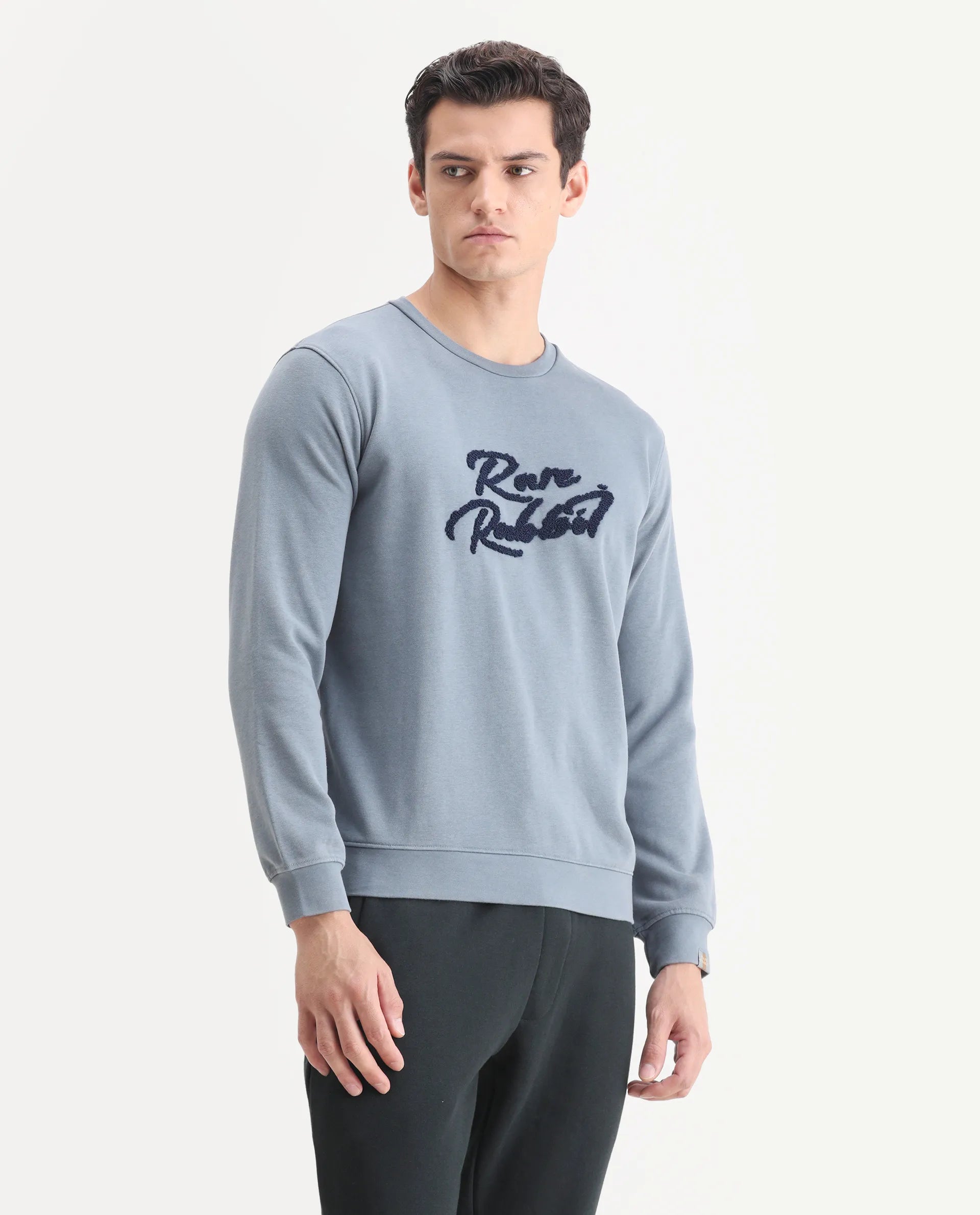 Rare Rabbit Men's Fern Blue Cotton Embroidered Slim Fit Full Sleeve Crew Neck Sweatshirt