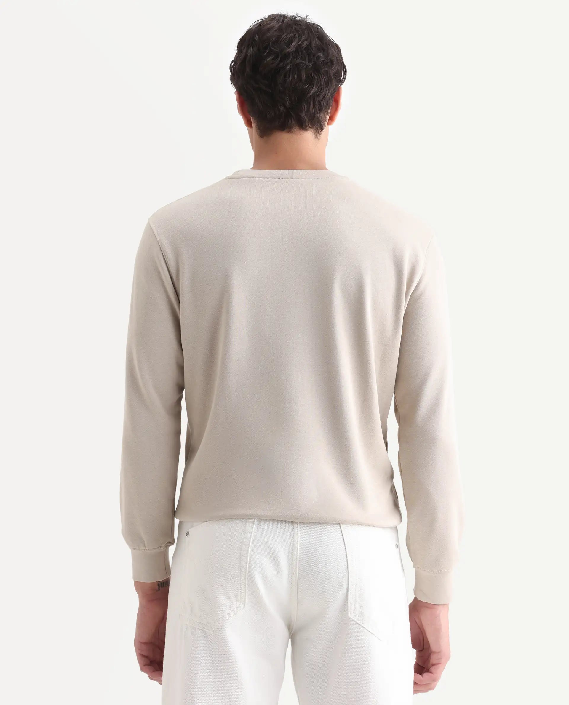 Rare Rabbit Men's Flocker Beige Cotton Graphic Print Regular Fit Full Sleeve Crew Neck Sweatshirt
