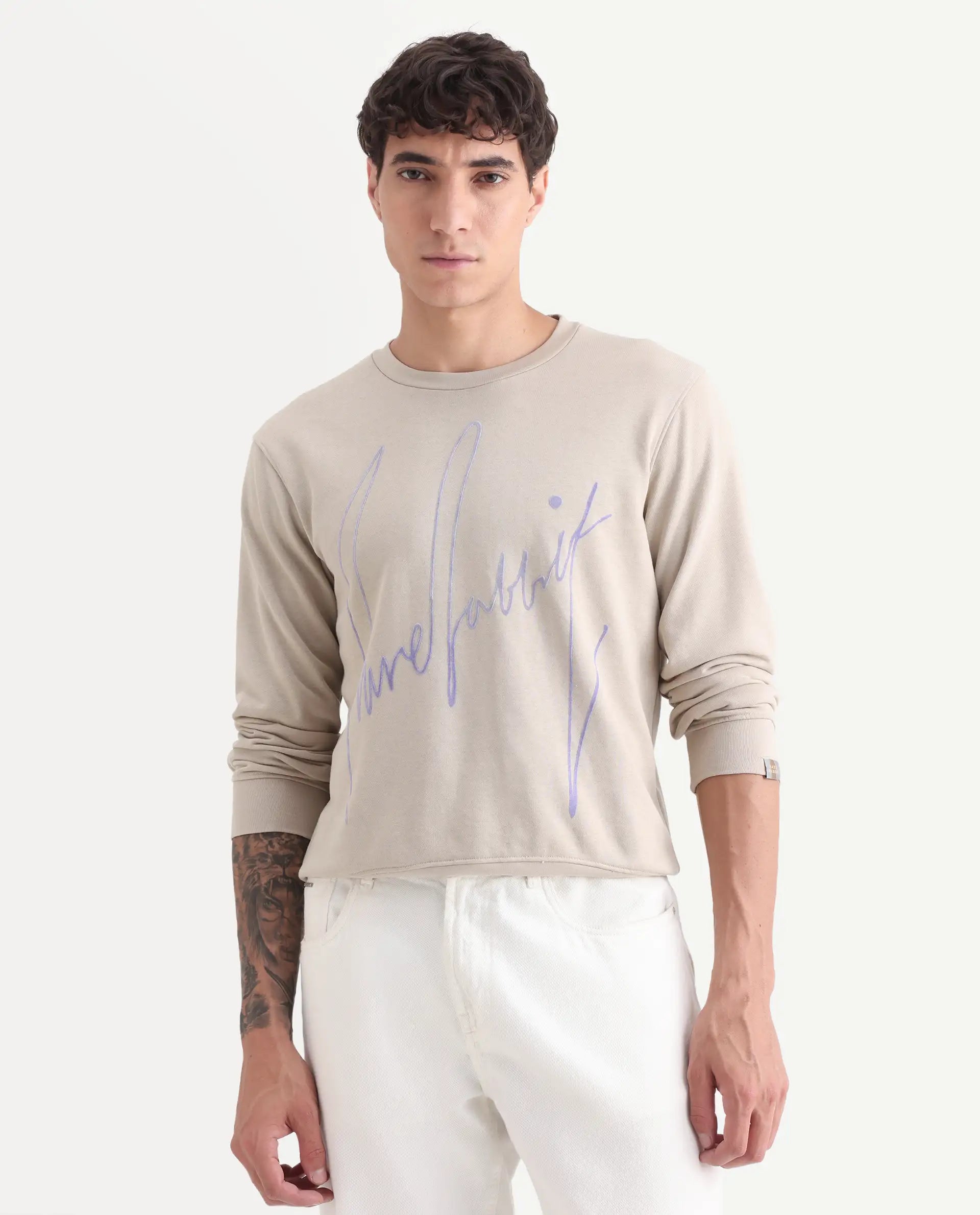 Rare Rabbit Men's Flocker Beige Cotton Graphic Print Regular Fit Full Sleeve Crew Neck Sweatshirt