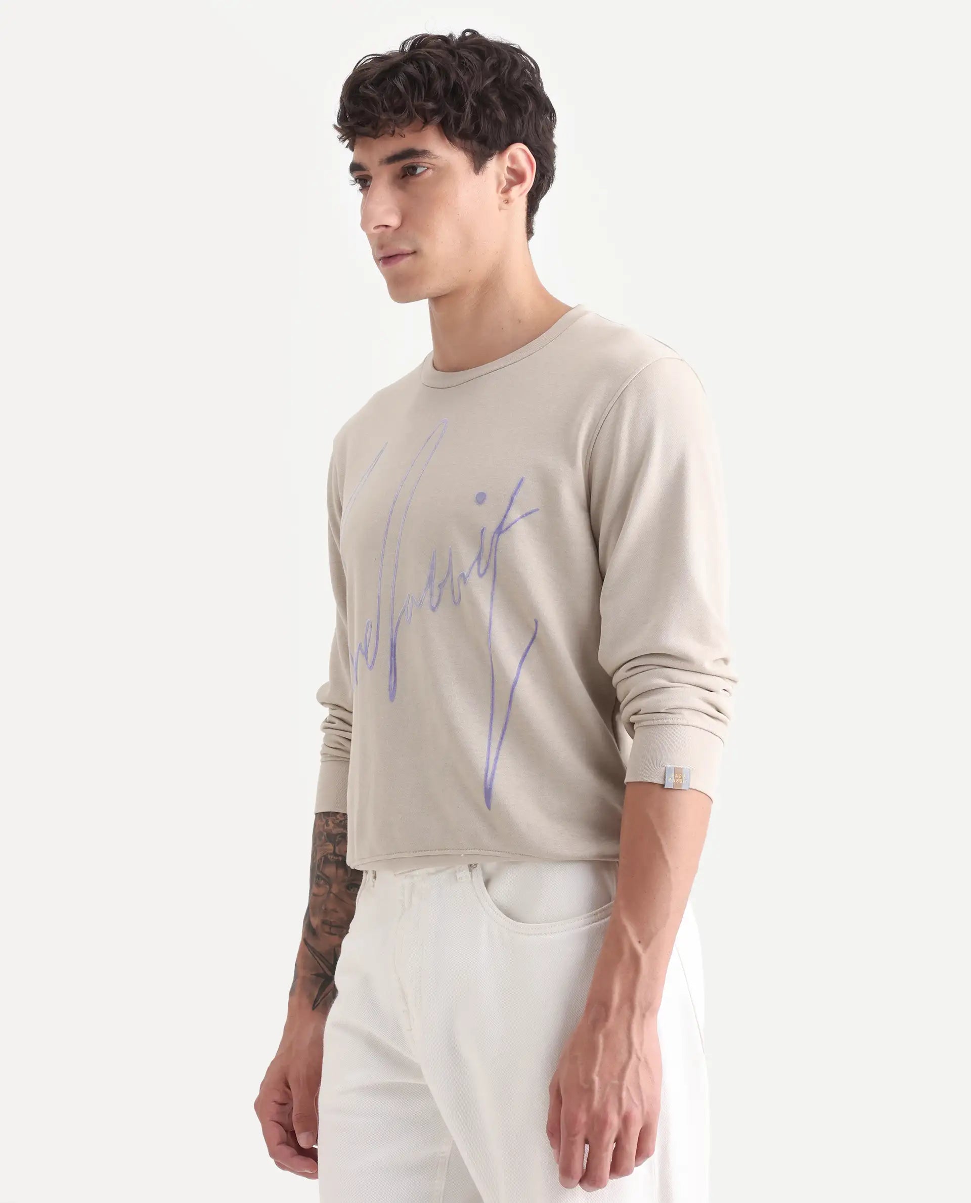 Rare Rabbit Men's Flocker Beige Cotton Graphic Print Regular Fit Full Sleeve Crew Neck Sweatshirt