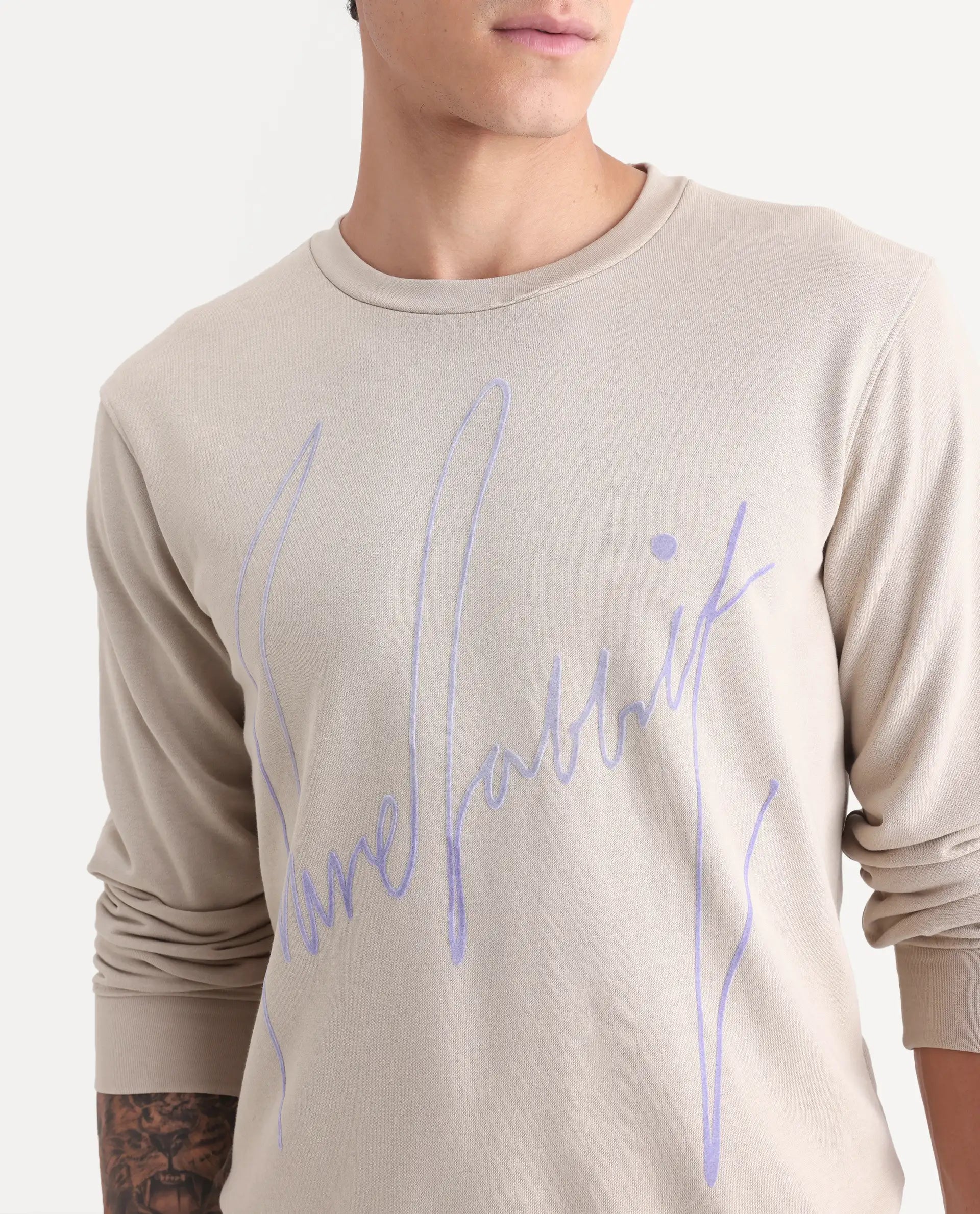 Rare Rabbit Men's Flocker Beige Cotton Graphic Print Regular Fit Full Sleeve Crew Neck Sweatshirt