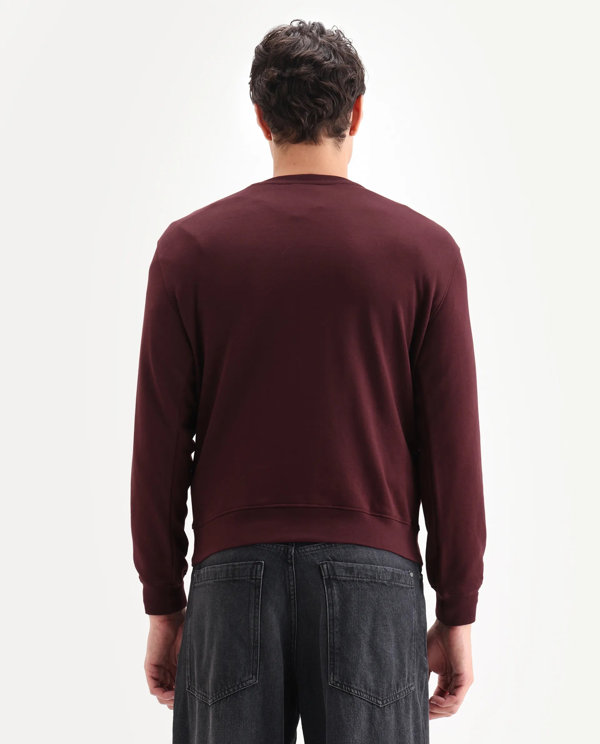 Rare Rabbit Men's Zen Maroon Cotton Plain Regular Fit Full Sleeve Crew Neck Sweatshirt