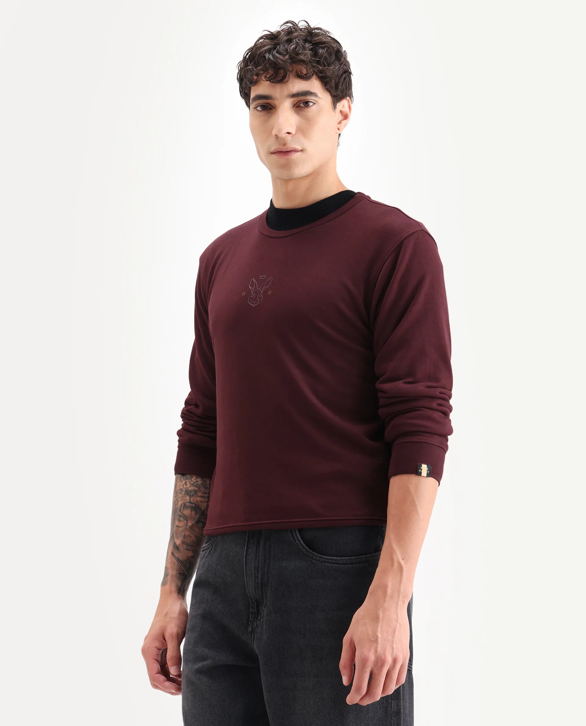 Rare Rabbit Men's Zen Maroon Cotton Plain Regular Fit Full Sleeve Crew Neck Sweatshirt