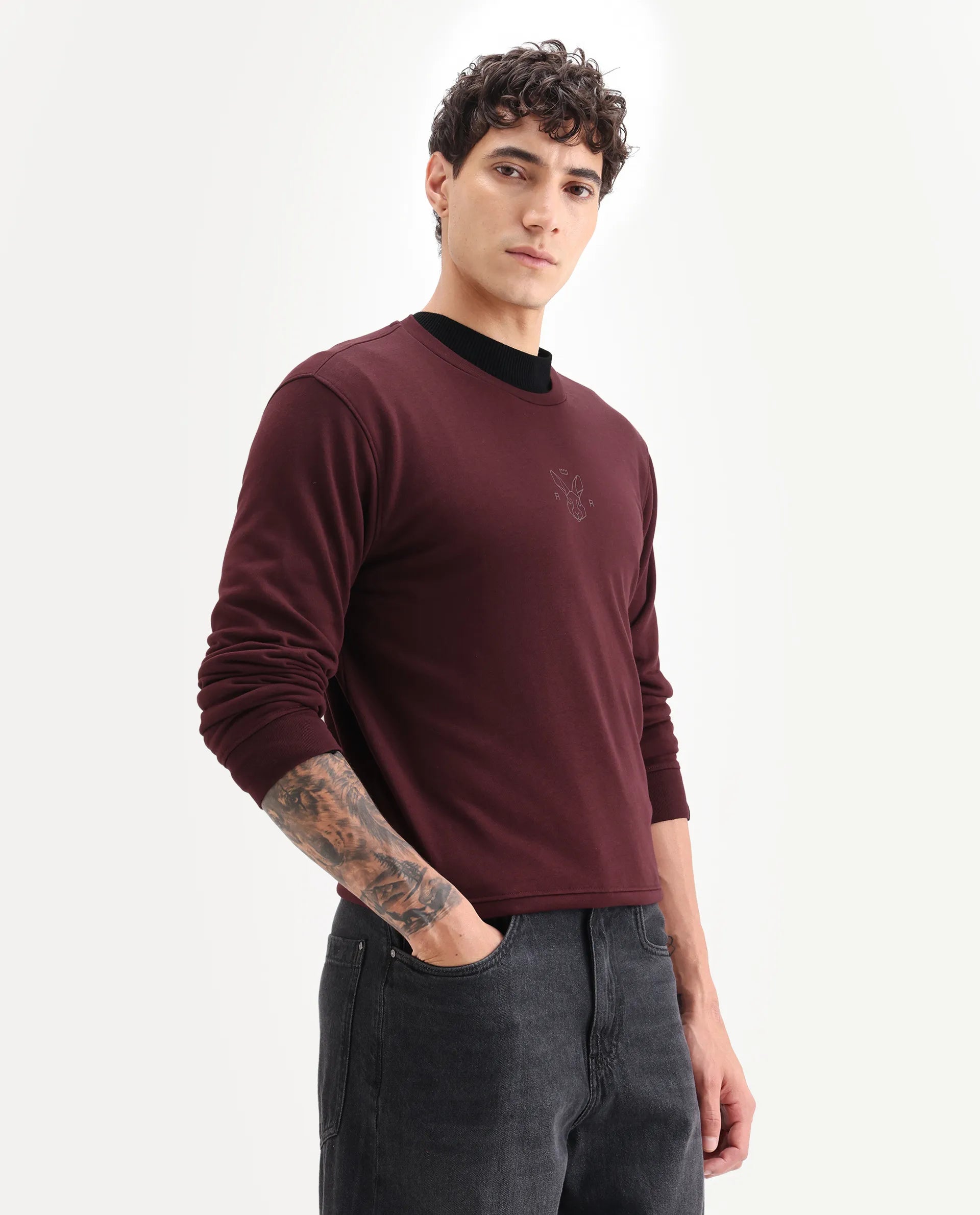 Rare Rabbit Men's Zen Maroon Cotton Plain Regular Fit Full Sleeve Crew Neck Sweatshirt