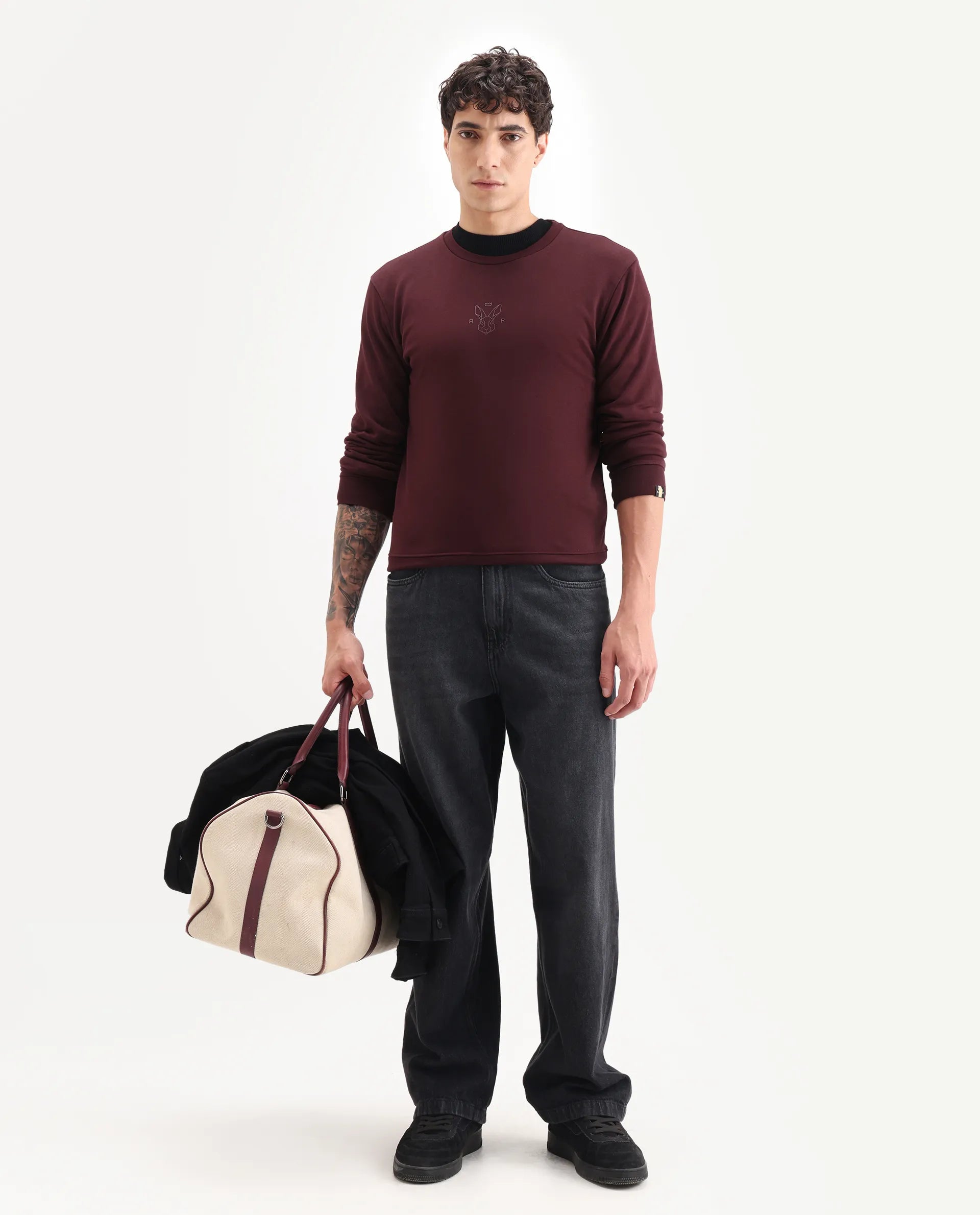 Rare Rabbit Men's Zen Maroon Cotton Plain Regular Fit Full Sleeve Crew Neck Sweatshirt
